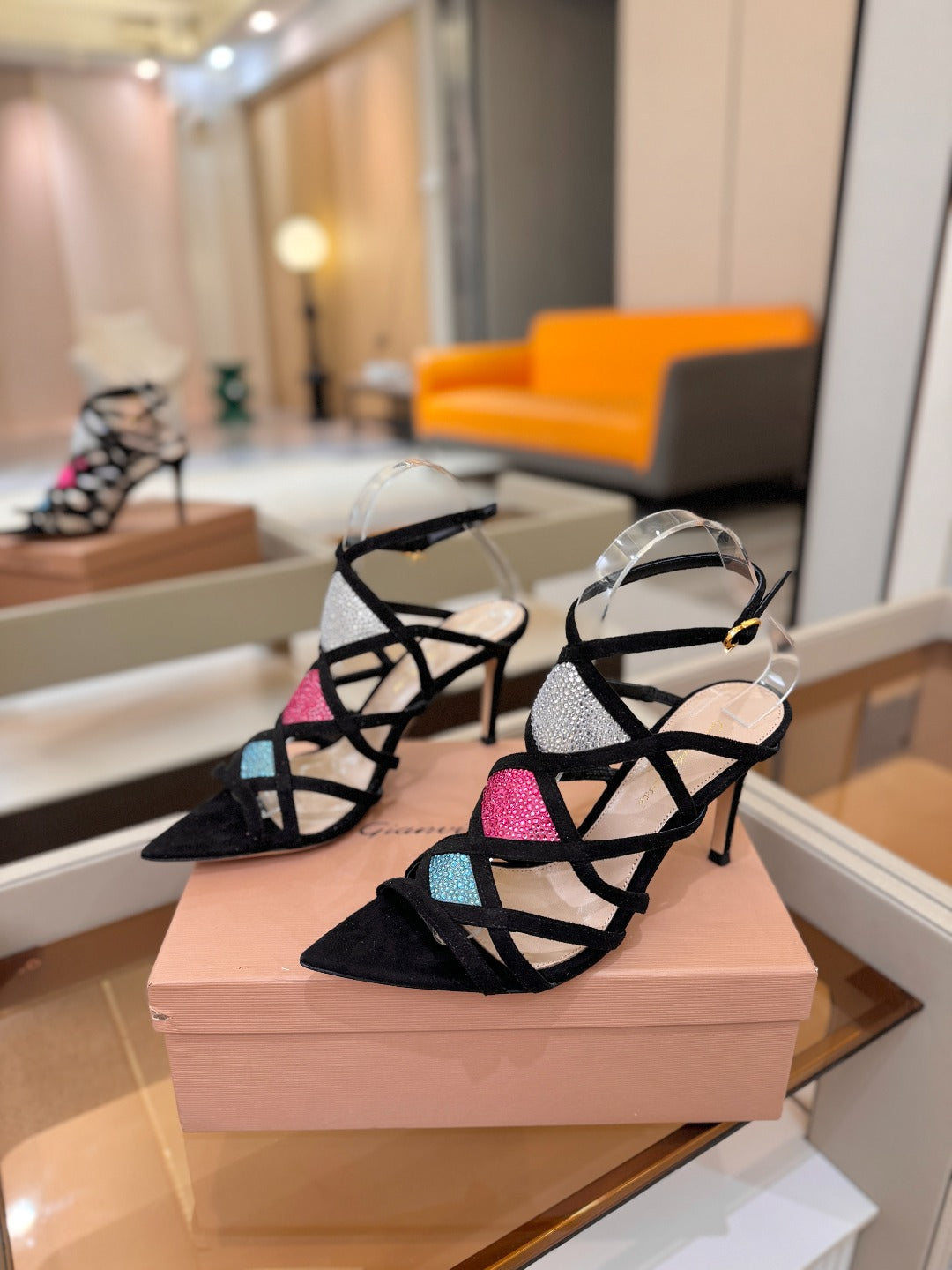 GIANVITO ROSSI 26S CROSS STRAP HEELS 85 MM IN BLACK SUEDE