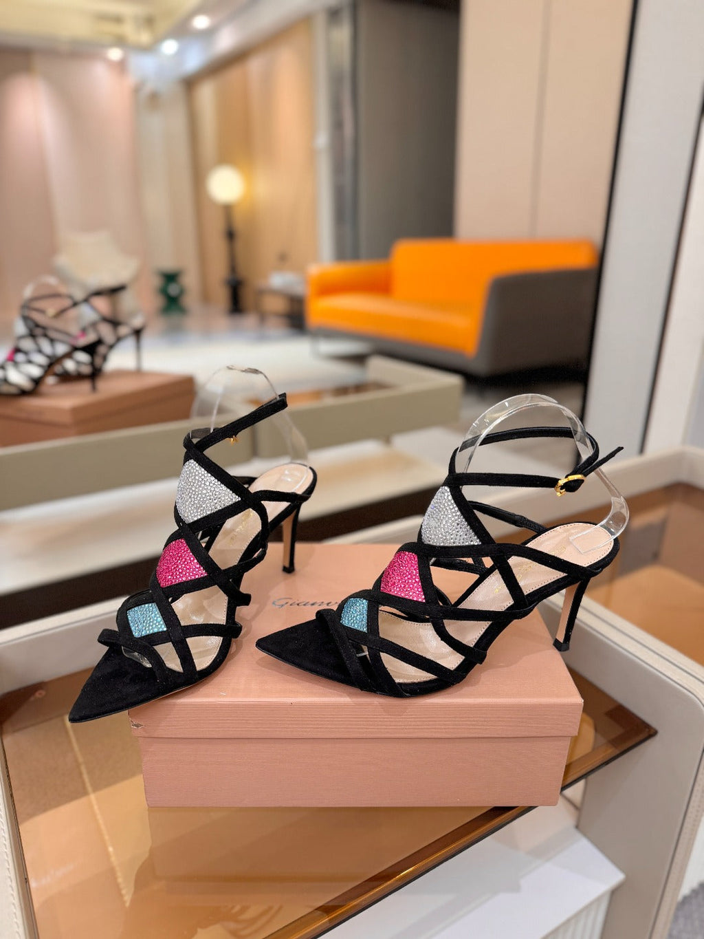 GIANVITO ROSSI 26S CROSS STRAP HEELS 85 MM IN BLACK SUEDE