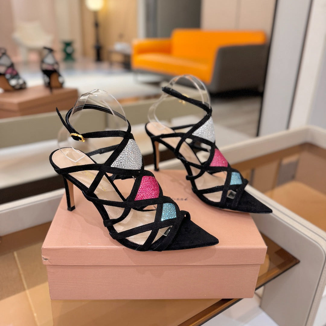 GIANVITO ROSSI 26S CROSS STRAP HEELS 85 MM IN BLACK SUEDE