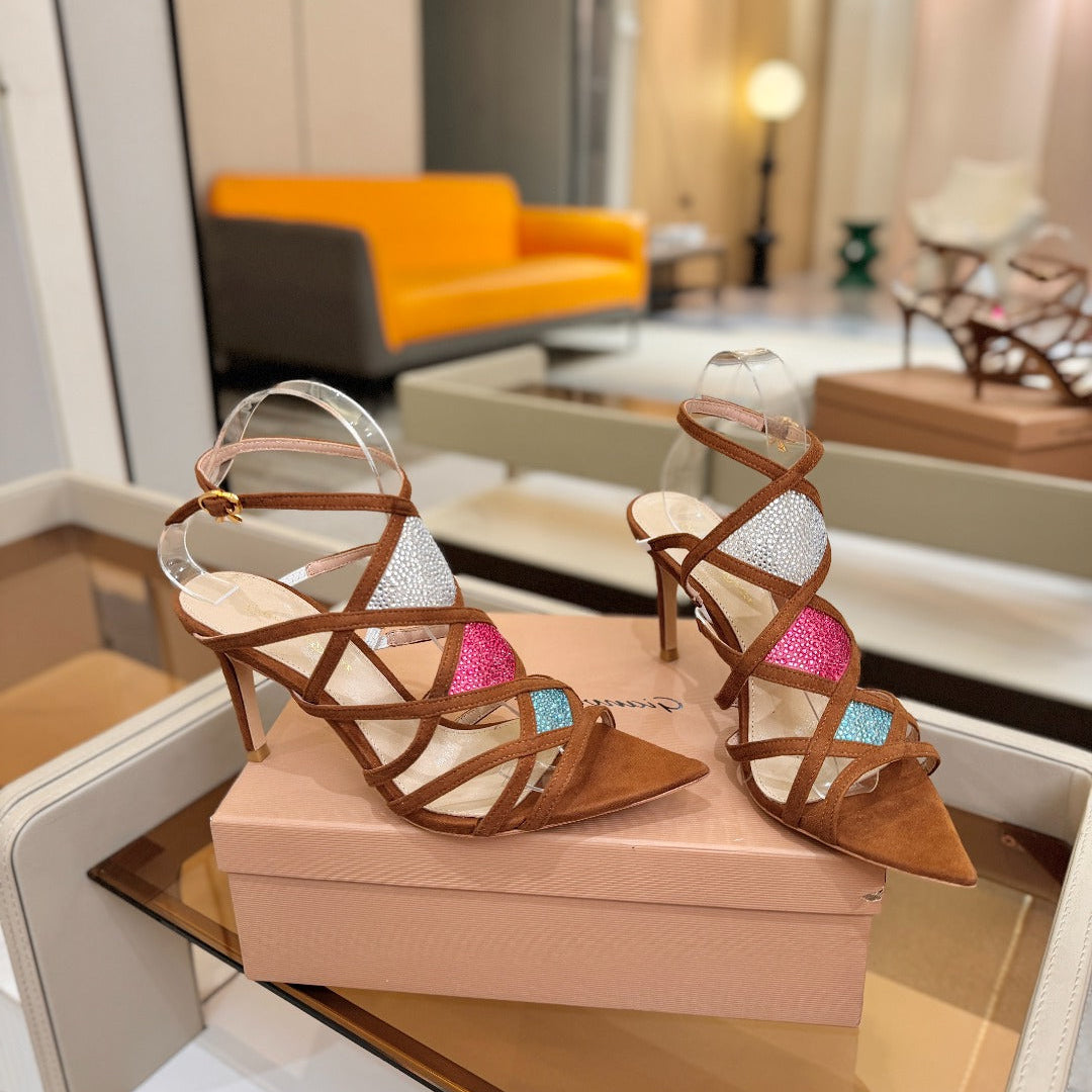 GIANVITO ROSSI 26S CROSS STRAP HEELS 85 MM IN BROWN SUEDE
