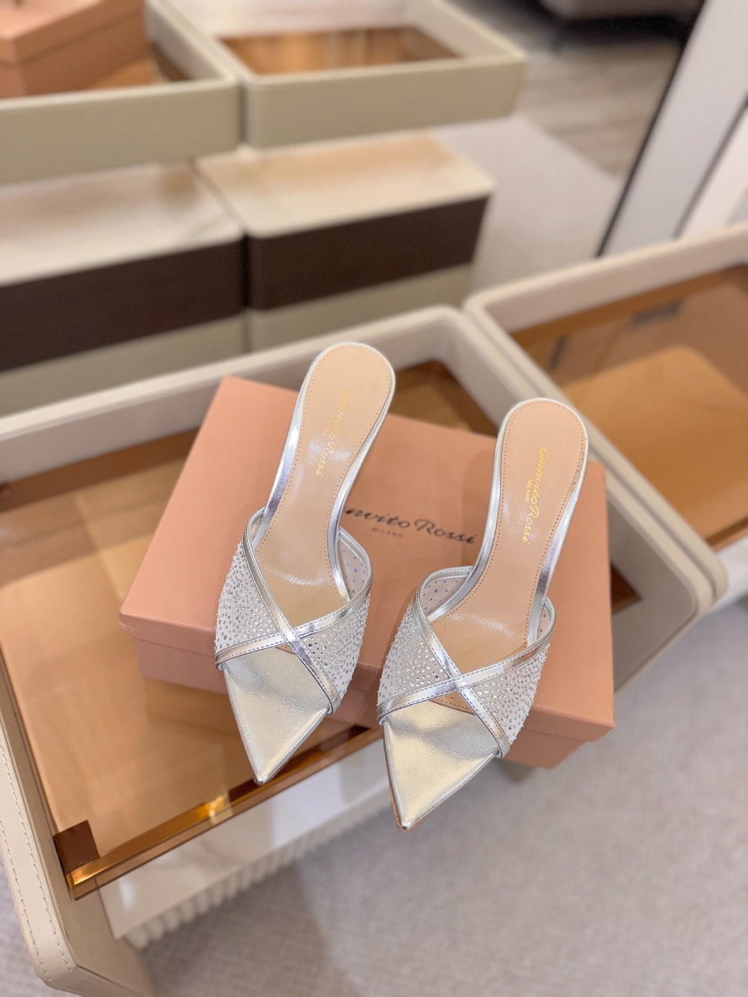 GIANVITO ROSSI 26S POINTED TOE HIGH HEELS 85 MM IN SILVER LAMBSKIN WITH RHINESTONE STRAP