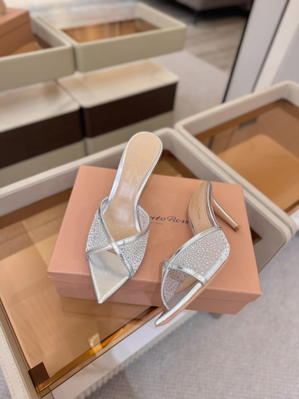 GIANVITO ROSSI 26S POINTED TOE HIGH HEELS 85 MM IN SILVER LAMBSKIN WITH RHINESTONE STRAP