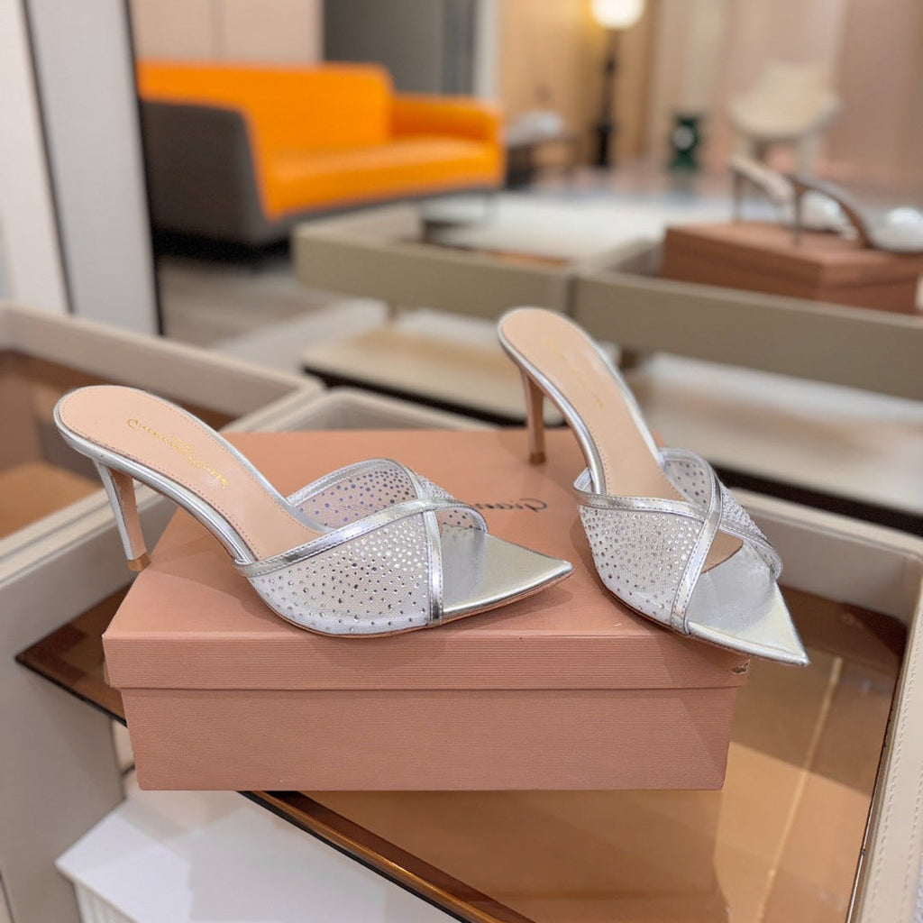 GIANVITO ROSSI 26S POINTED TOE HIGH HEELS 85 MM IN SILVER LAMBSKIN WITH RHINESTONE STRAP