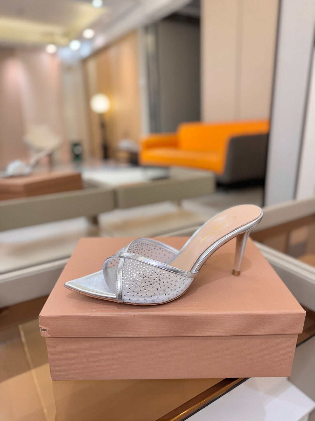 GIANVITO ROSSI 26S POINTED TOE HIGH HEELS 85 MM IN SILVER LAMBSKIN WITH RHINESTONE STRAP