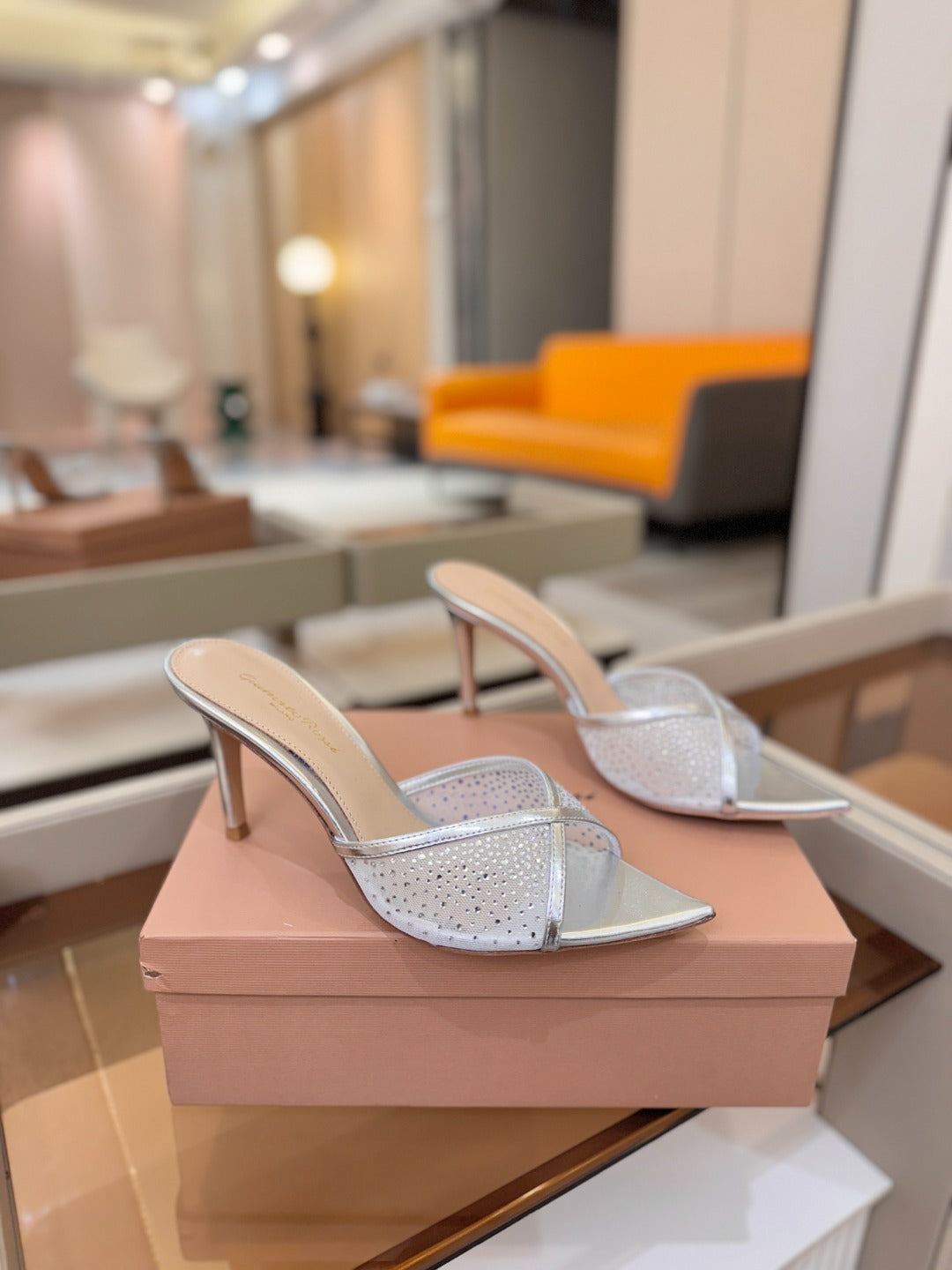 GIANVITO ROSSI 26S POINTED TOE HIGH HEELS 85 MM IN SILVER LAMBSKIN WITH RHINESTONE STRAP