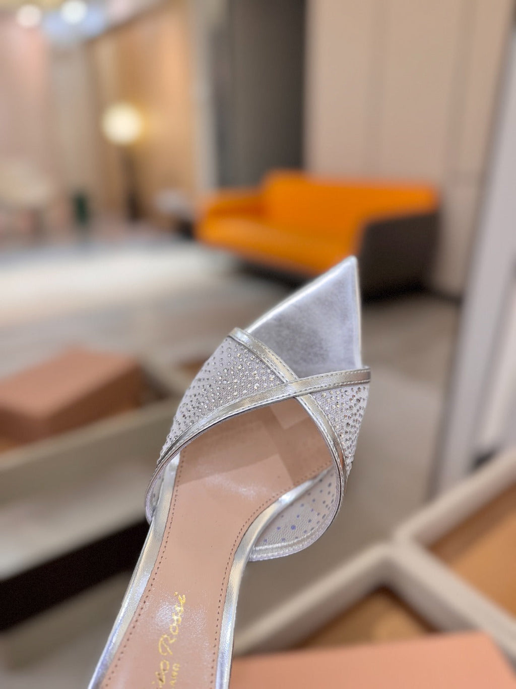 GIANVITO ROSSI 26S POINTED TOE HIGH HEELS 85 MM IN SILVER LAMBSKIN WITH RHINESTONE STRAP