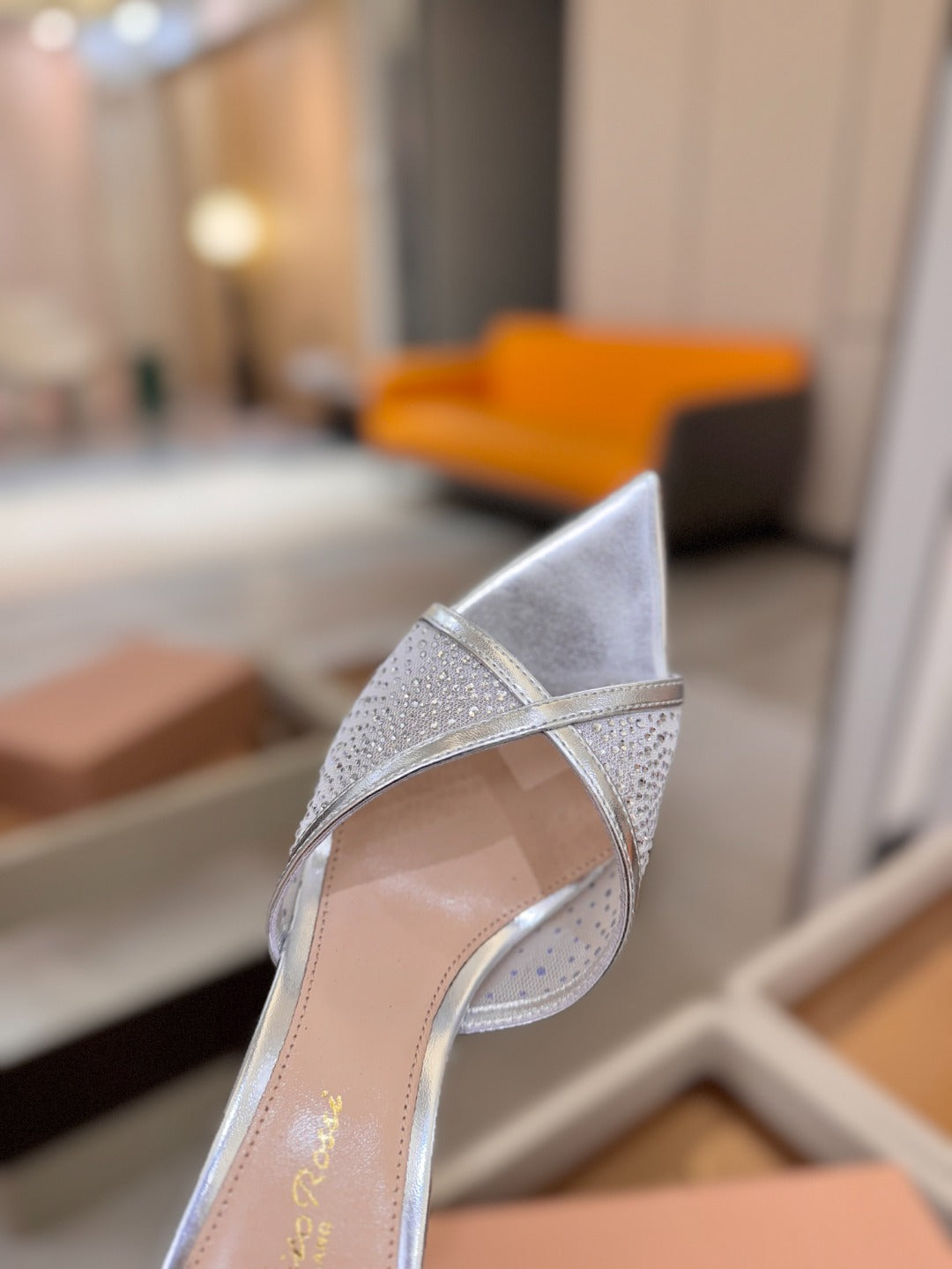 GIANVITO ROSSI 26S POINTED TOE HIGH HEELS 85 MM IN SILVER LAMBSKIN WITH RHINESTONE STRAP