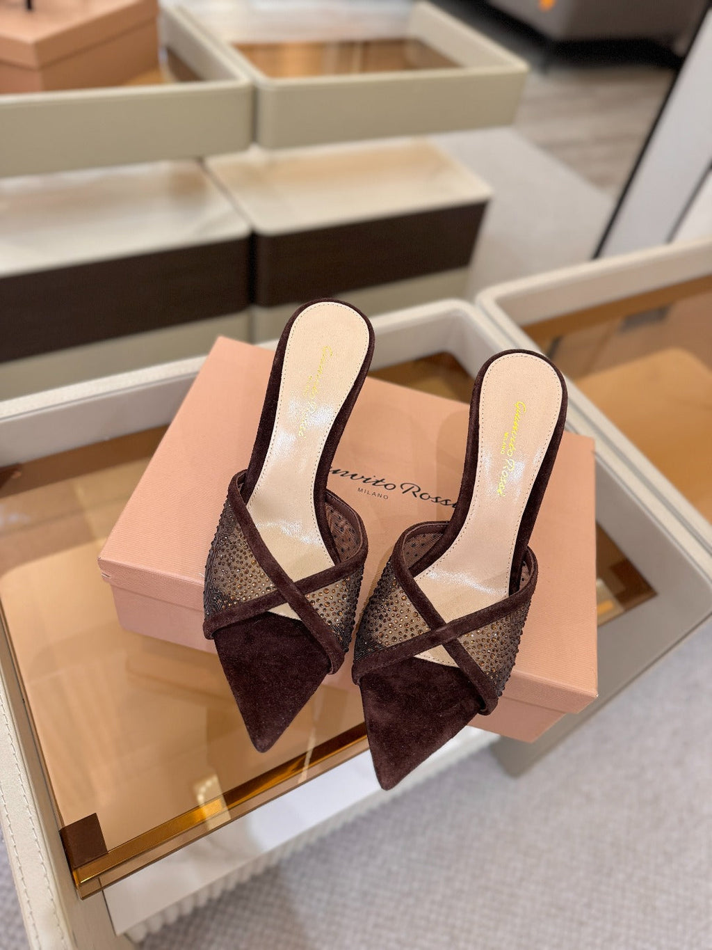 GIANVITO ROSSI 26S POINTED TOE HIGH HEELS 85 MM IN DARK BROWN SUEDE WITH RHINESTONE STRAP