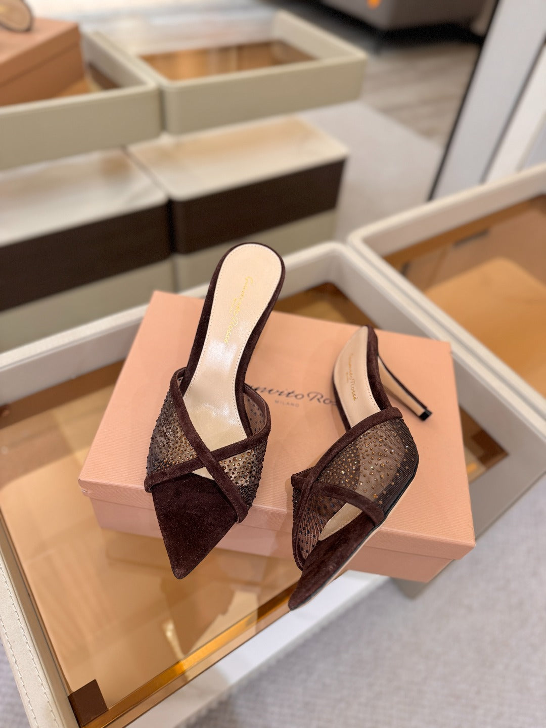 GIANVITO ROSSI 26S POINTED TOE HIGH HEELS 85 MM IN DARK BROWN SUEDE WITH RHINESTONE STRAP