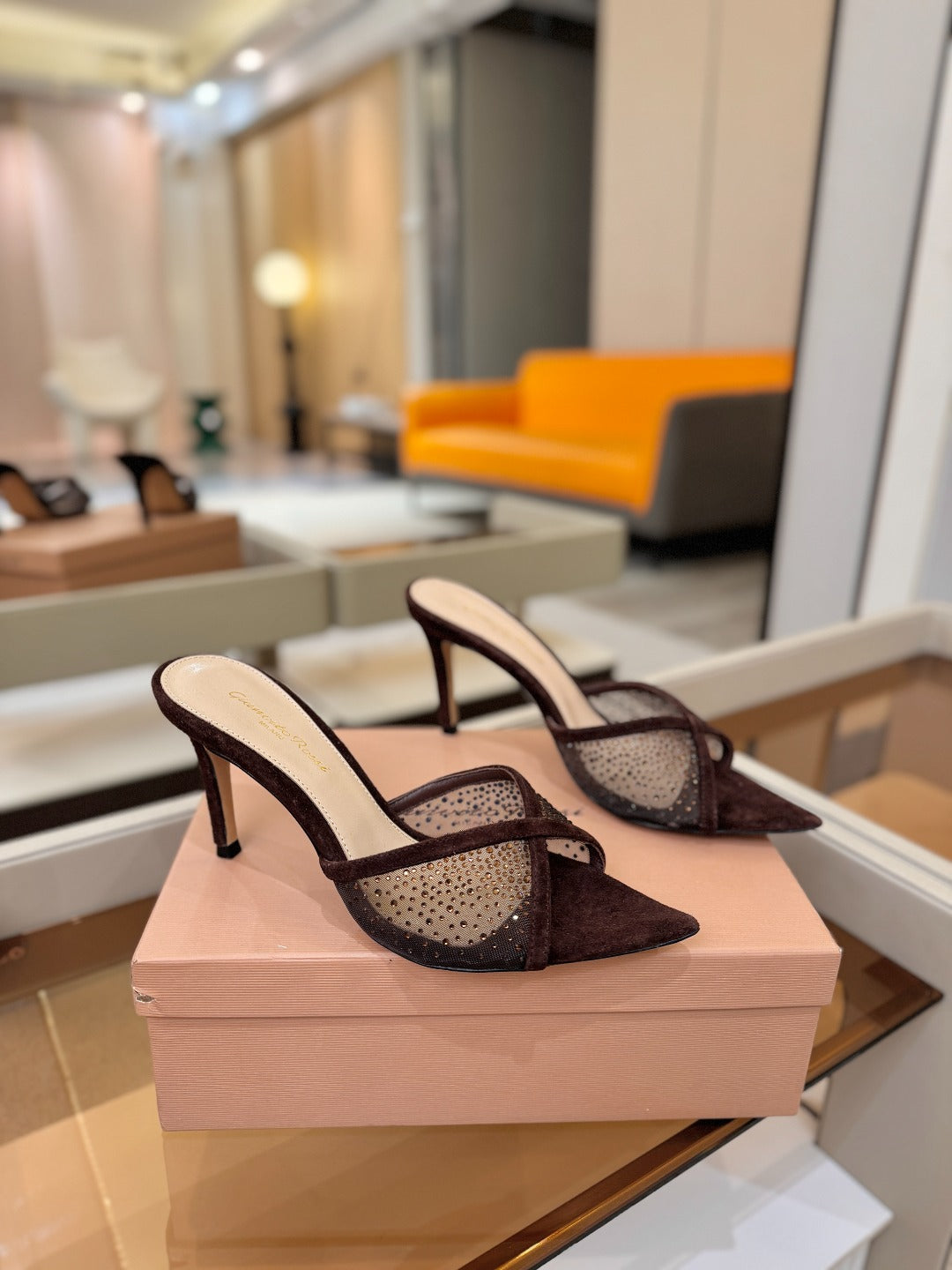 GIANVITO ROSSI 26S POINTED TOE HIGH HEELS 85 MM IN DARK BROWN SUEDE WITH RHINESTONE STRAP