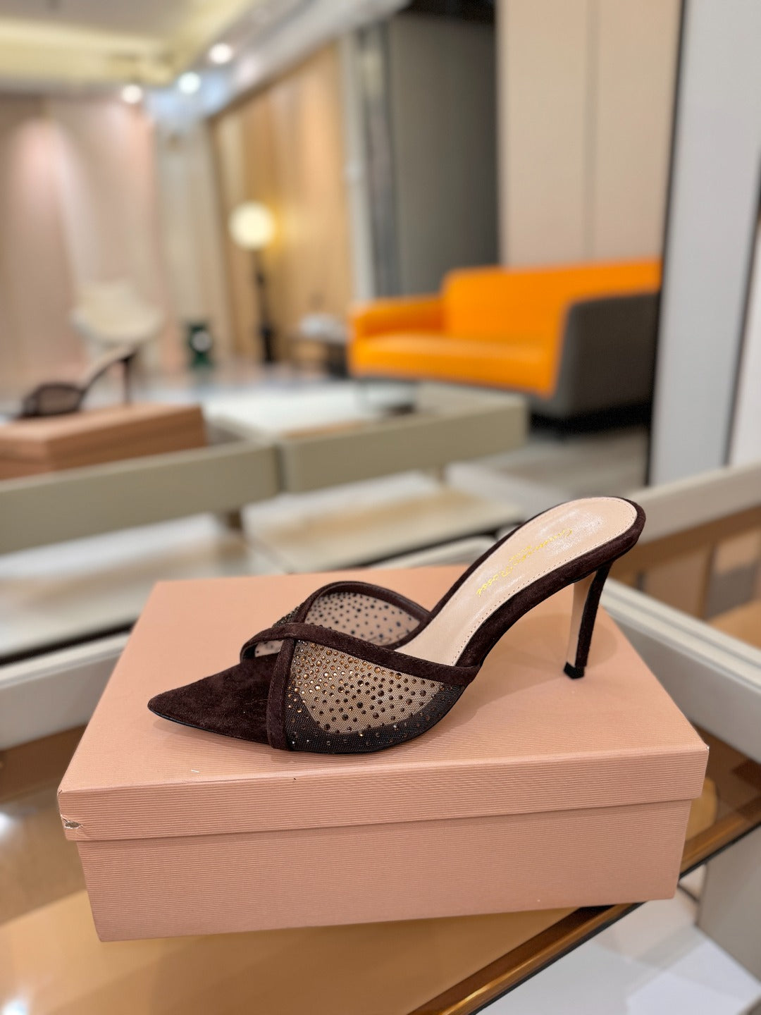 GIANVITO ROSSI 26S POINTED TOE HIGH HEELS 85 MM IN DARK BROWN SUEDE WITH RHINESTONE STRAP