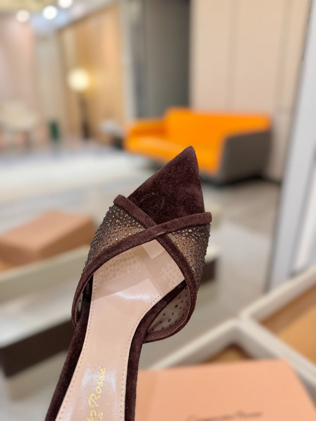 GIANVITO ROSSI 26S POINTED TOE HIGH HEELS 85 MM IN DARK BROWN SUEDE WITH RHINESTONE STRAP