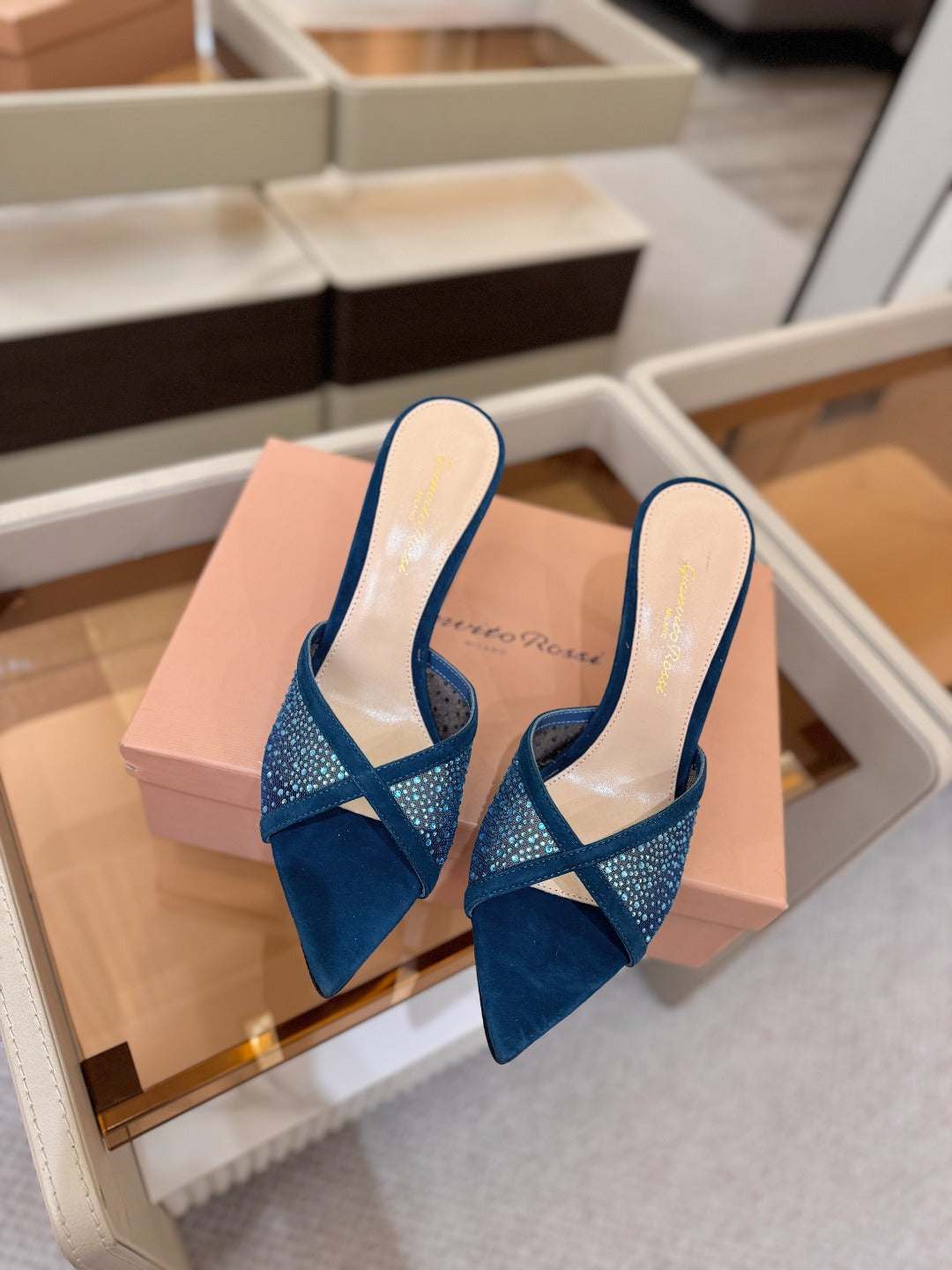 GIANVITO ROSSI 26S POINTED TOE HIGH HEELS 85 MM IN DEEP OCEAN BLUE SUEDE WITH RHINESTONE STRAP