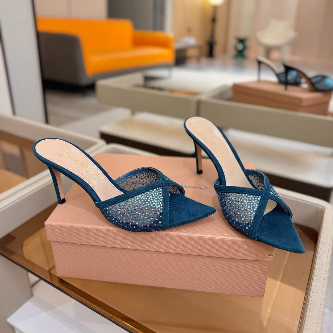GIANVITO ROSSI 26S POINTED TOE HIGH HEELS 85 MM IN DEEP OCEAN BLUE SUEDE WITH RHINESTONE STRAP
