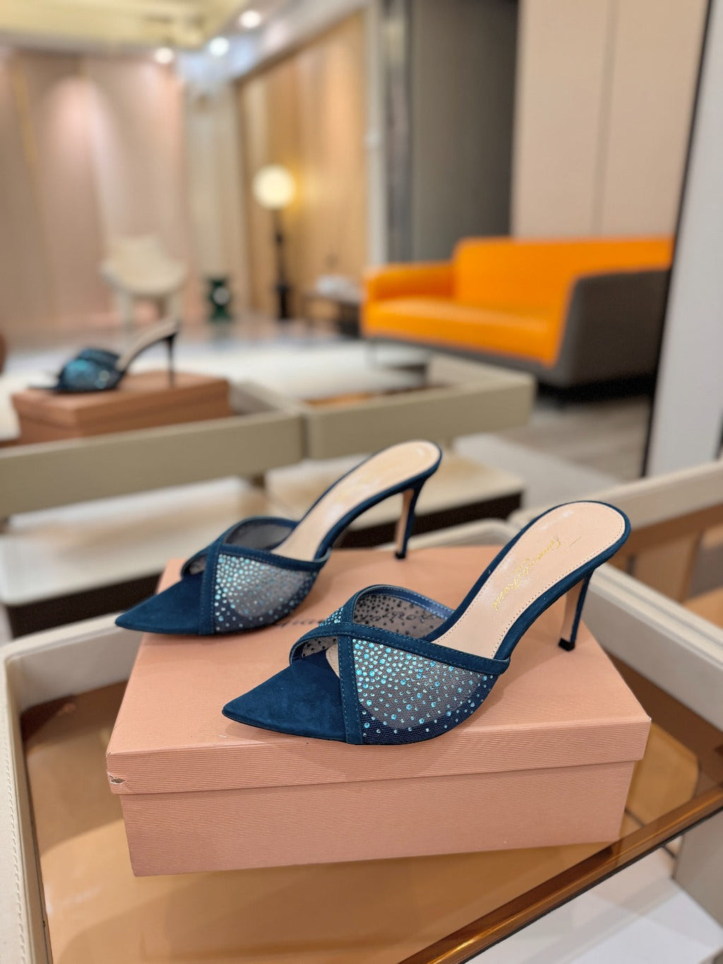 GIANVITO ROSSI 26S POINTED TOE HIGH HEELS 85 MM IN DEEP OCEAN BLUE SUEDE WITH RHINESTONE STRAP