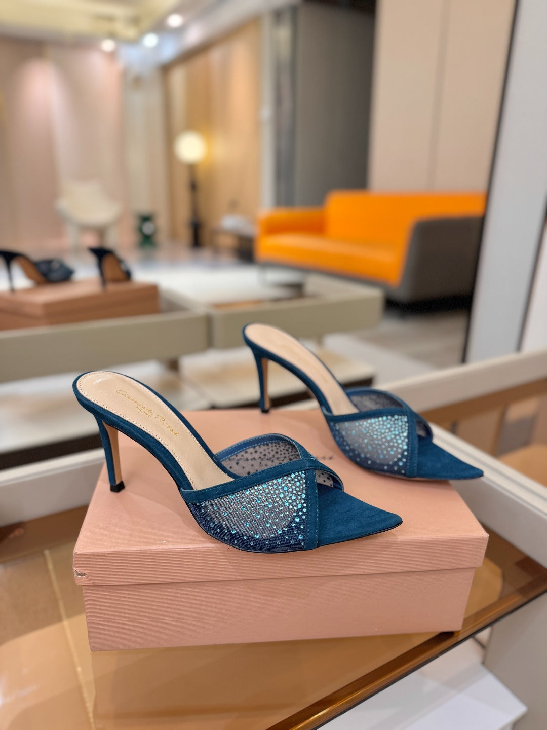 GIANVITO ROSSI 26S POINTED TOE HIGH HEELS 85 MM IN DEEP OCEAN BLUE SUEDE WITH RHINESTONE STRAP