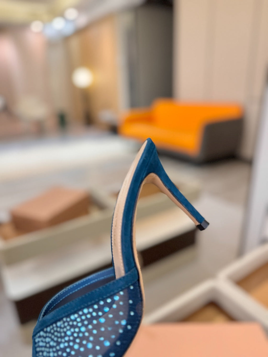 GIANVITO ROSSI 26S POINTED TOE HIGH HEELS 85 MM IN DEEP OCEAN BLUE SUEDE WITH RHINESTONE STRAP