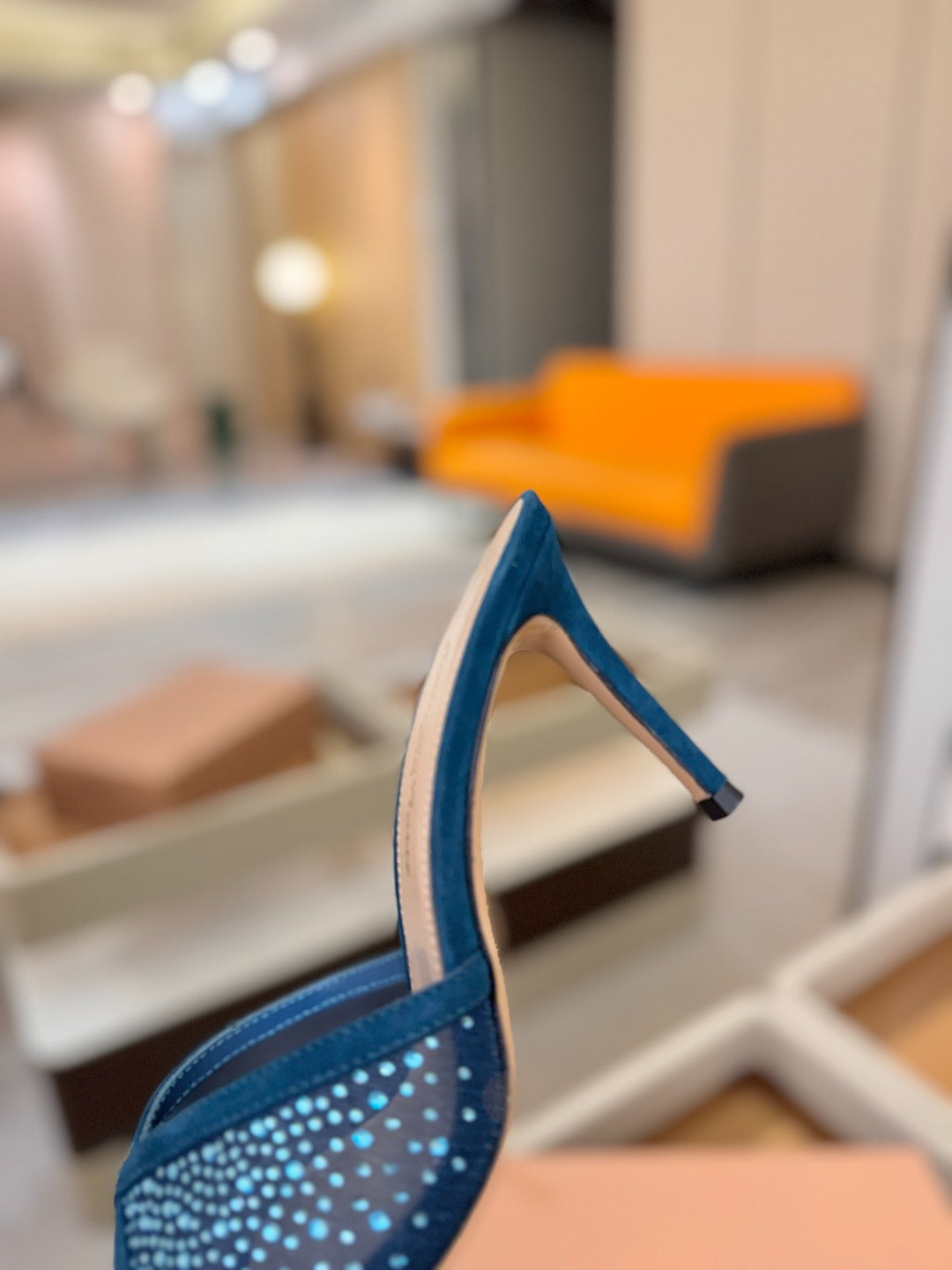 GIANVITO ROSSI 26S POINTED TOE HIGH HEELS 85 MM IN DEEP OCEAN BLUE SUEDE WITH RHINESTONE STRAP