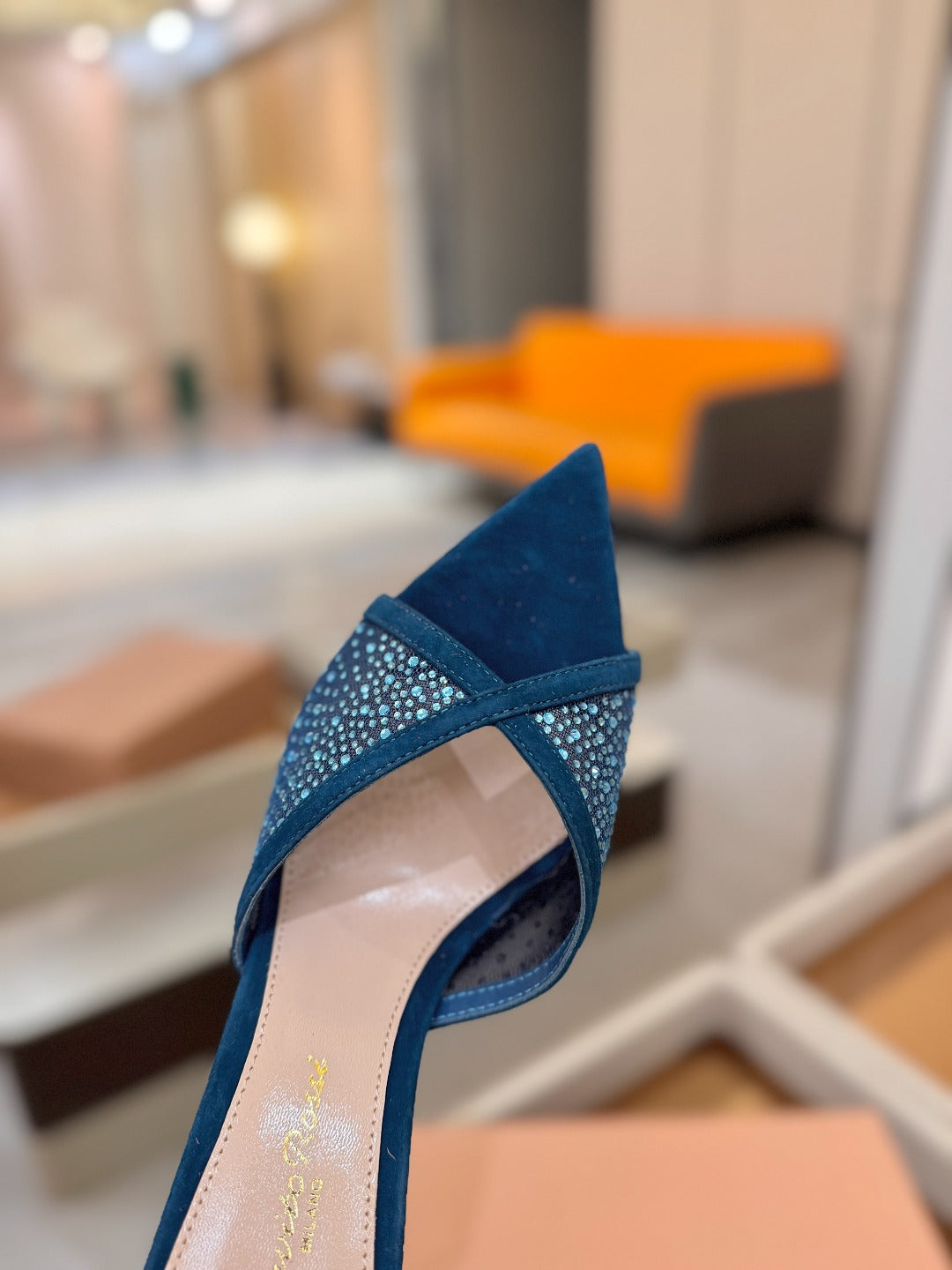 GIANVITO ROSSI 26S POINTED TOE HIGH HEELS 85 MM IN DEEP OCEAN BLUE SUEDE WITH RHINESTONE STRAP