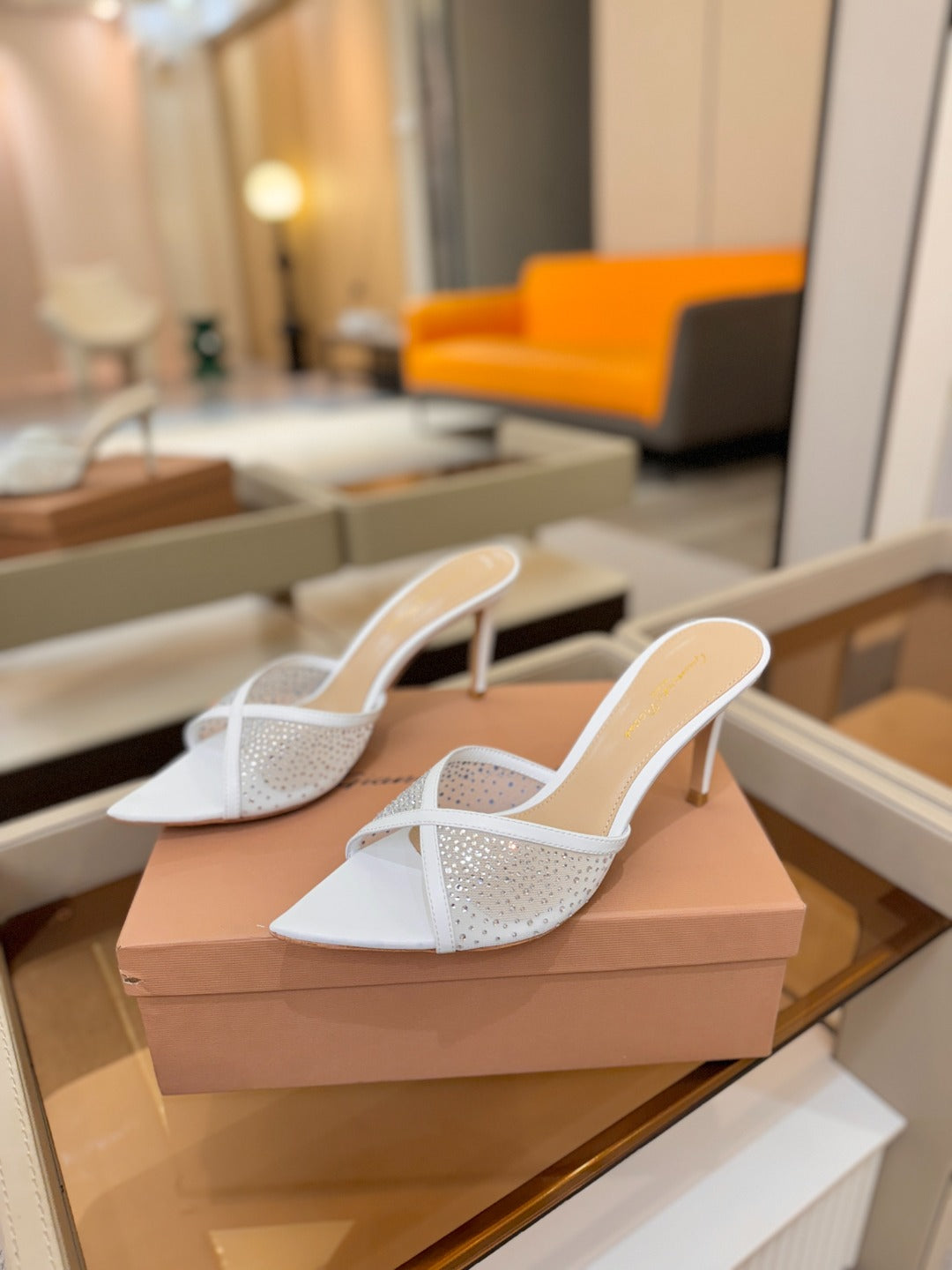 GIANVITO ROSSI 26S POINTED TOE HIGH HEELS 85 MM IN WHITE LAMBSKIN WITH RHINESTONE STRAP