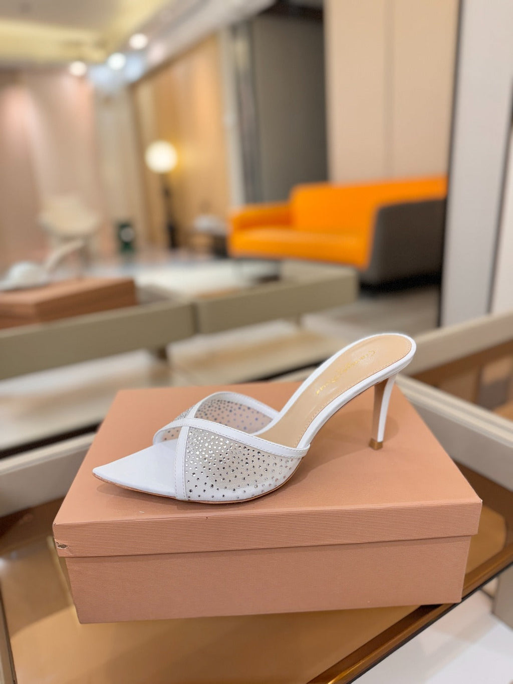 GIANVITO ROSSI 26S POINTED TOE HIGH HEELS 85 MM IN WHITE LAMBSKIN WITH RHINESTONE STRAP