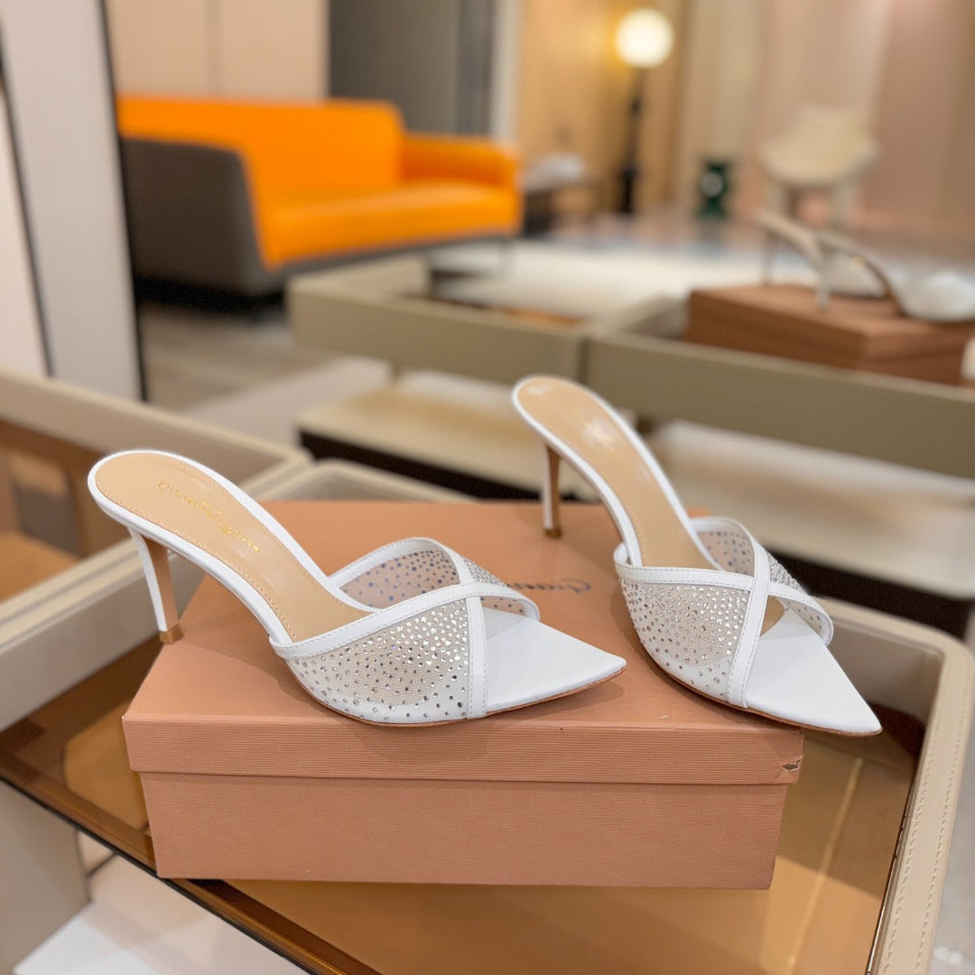 GIANVITO ROSSI 26S POINTED TOE HIGH HEELS 85 MM IN WHITE LAMBSKIN WITH RHINESTONE STRAP