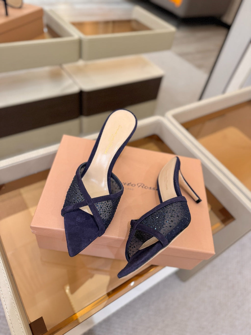 GIANVITO ROSSI 26S POINTED TOE HIGH HEELS 85 MM IN DEEP PURPLE BLUE SUEDE WITH RHINESTONE STRAP