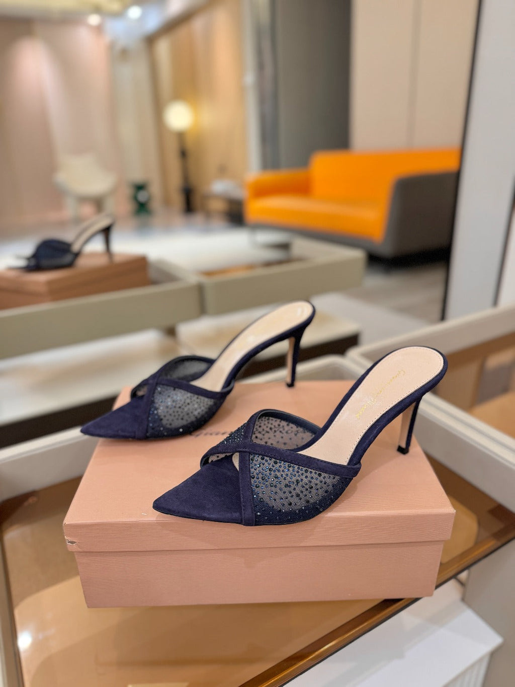 GIANVITO ROSSI 26S POINTED TOE HIGH HEELS 85 MM IN DEEP PURPLE BLUE SUEDE WITH RHINESTONE STRAP