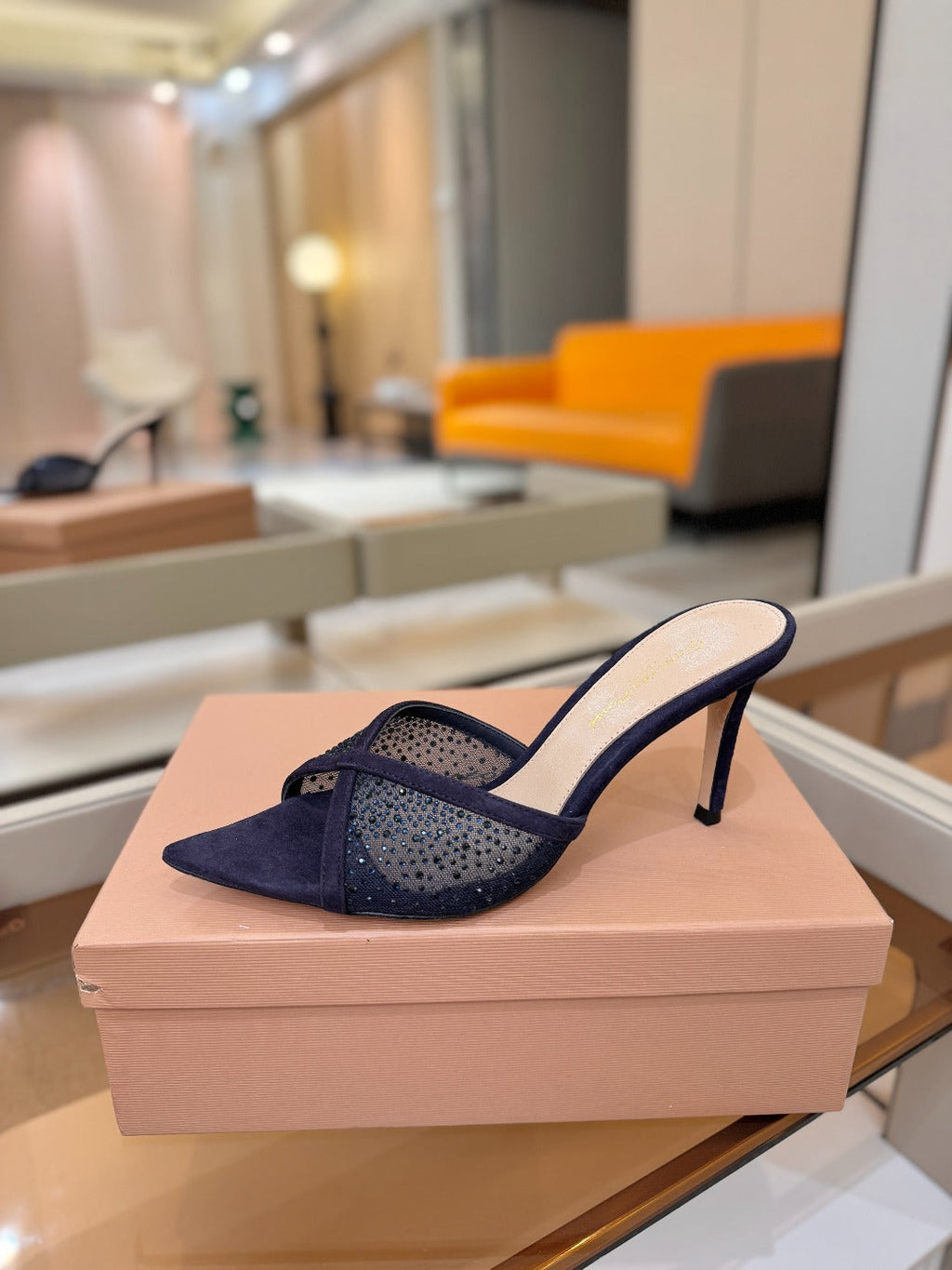 GIANVITO ROSSI 26S POINTED TOE HIGH HEELS 85 MM IN DEEP PURPLE BLUE SUEDE WITH RHINESTONE STRAP