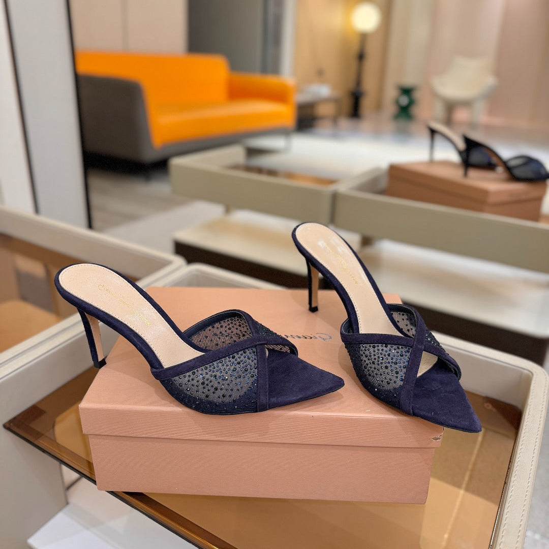 GIANVITO ROSSI 26S POINTED TOE HIGH HEELS 85 MM IN DEEP PURPLE BLUE SUEDE WITH RHINESTONE STRAP