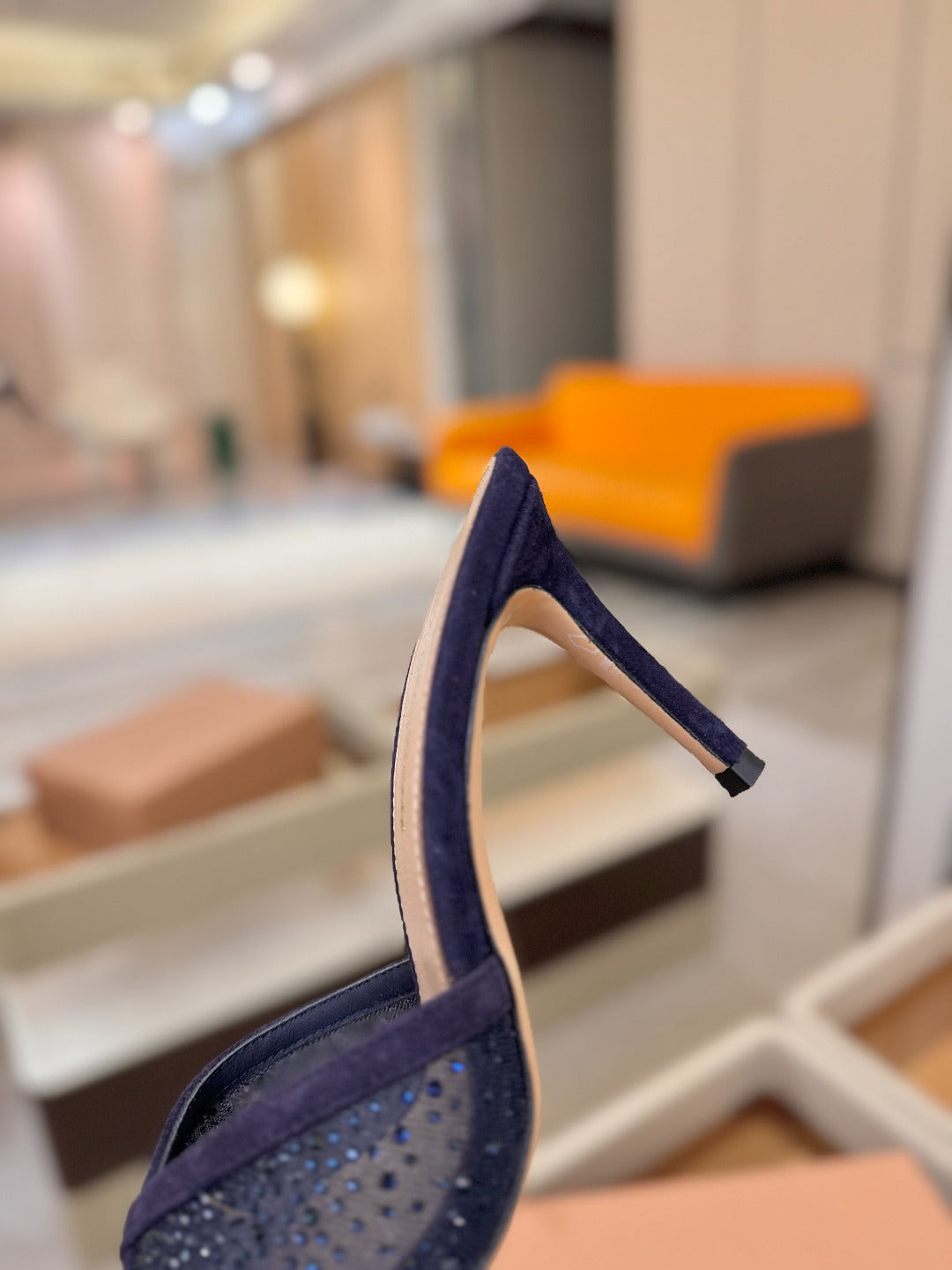 GIANVITO ROSSI 26S POINTED TOE HIGH HEELS 85 MM IN DEEP PURPLE BLUE SUEDE WITH RHINESTONE STRAP