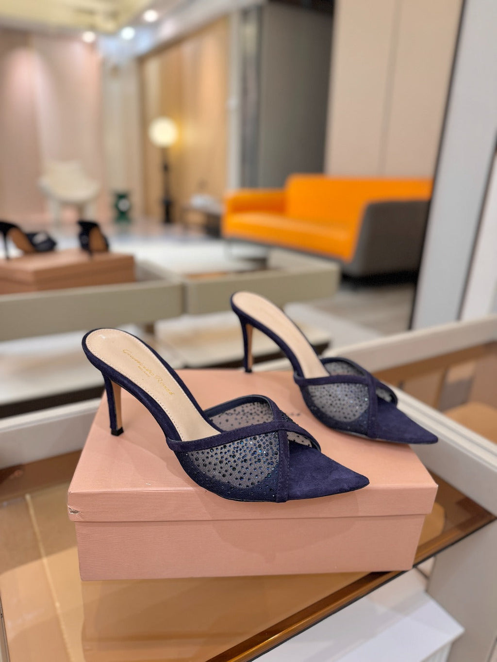 GIANVITO ROSSI 26S POINTED TOE HIGH HEELS 85 MM IN DEEP PURPLE BLUE SUEDE WITH RHINESTONE STRAP