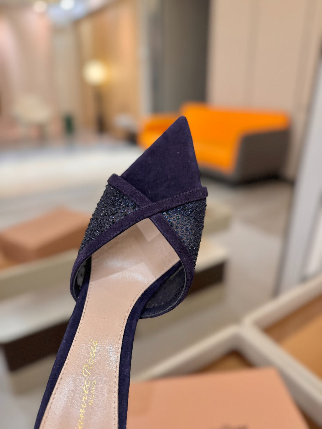 GIANVITO ROSSI 26S POINTED TOE HIGH HEELS 85 MM IN DEEP PURPLE BLUE SUEDE WITH RHINESTONE STRAP