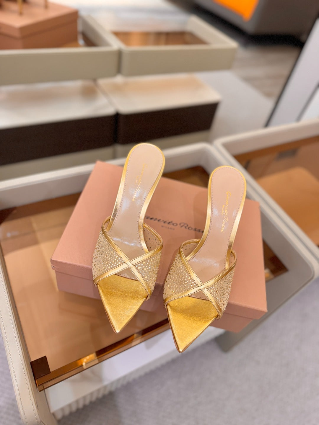 GIANVITO ROSSI 26S POINTED TOE HIGH HEELS 85 MM IN GOLD LAMBSKIN WITH RHINESTONE STRAP