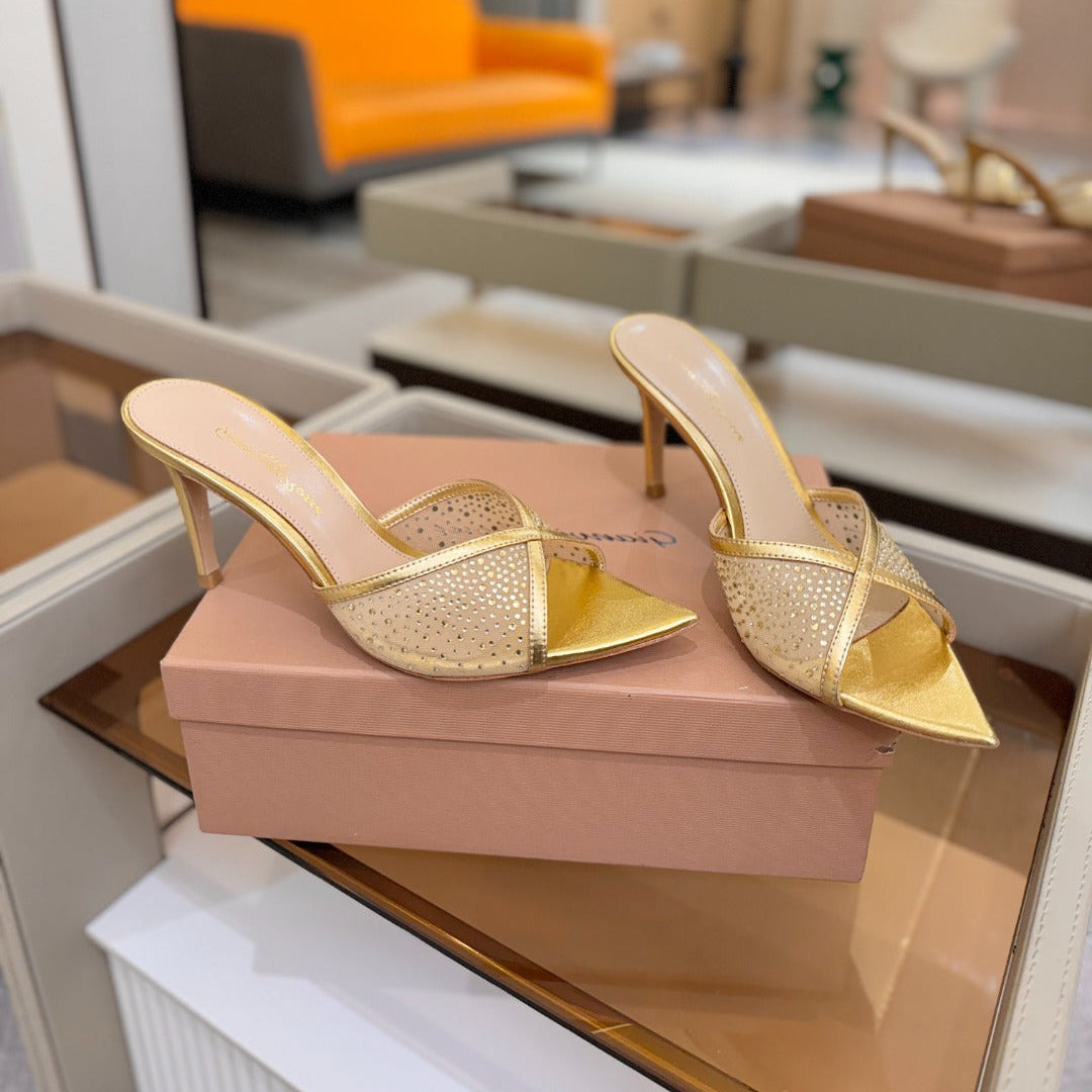 GIANVITO ROSSI 26S POINTED TOE HIGH HEELS 85 MM IN GOLD LAMBSKIN WITH RHINESTONE STRAP