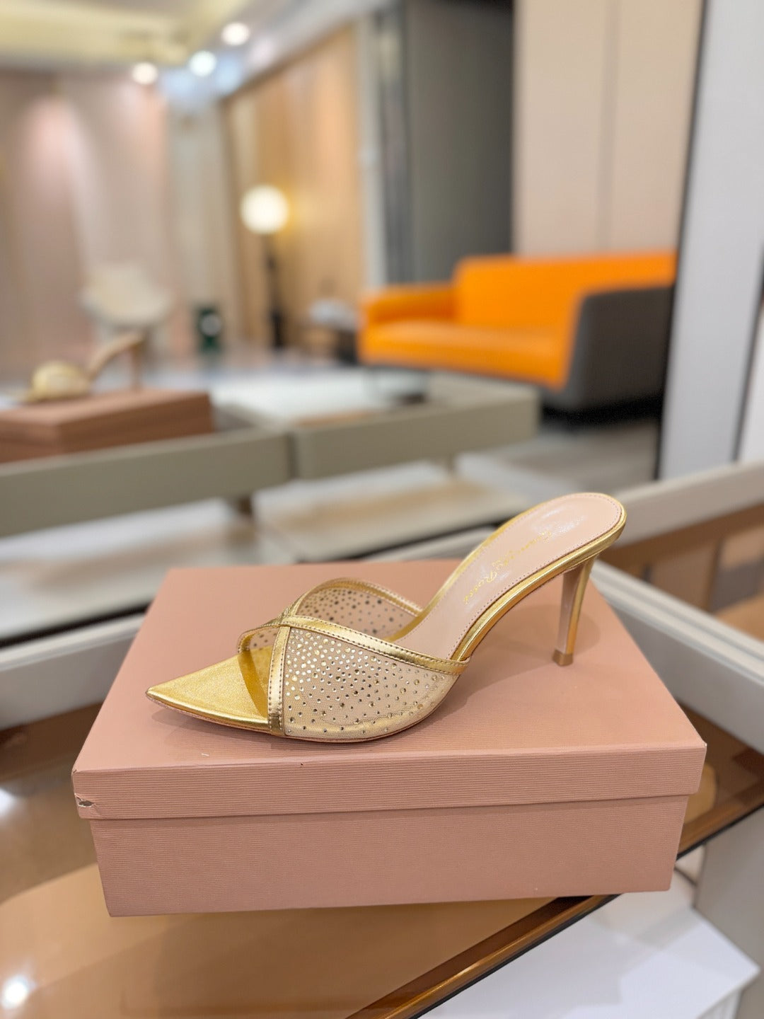 GIANVITO ROSSI 26S POINTED TOE HIGH HEELS 85 MM IN GOLD LAMBSKIN WITH RHINESTONE STRAP