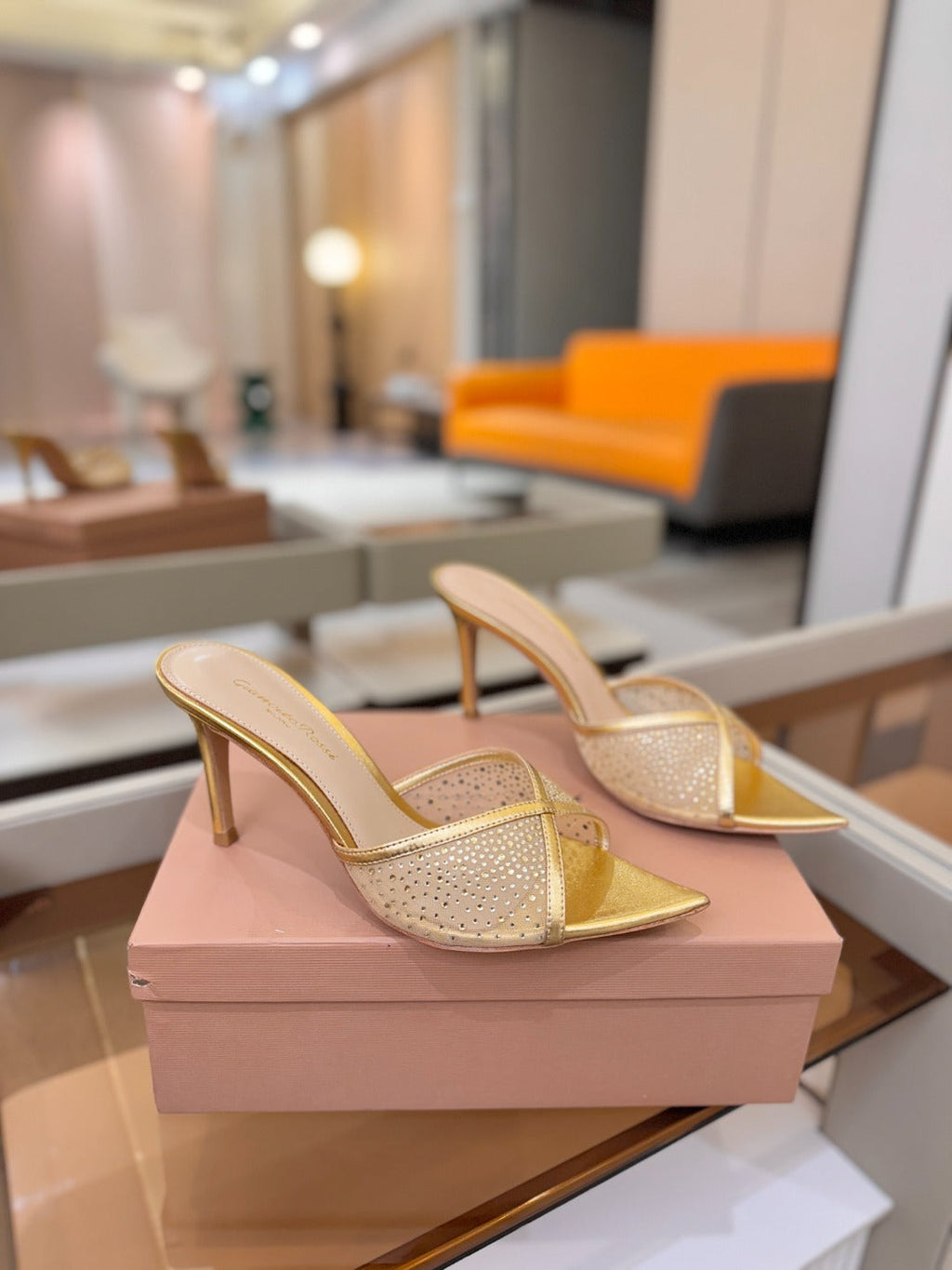 GIANVITO ROSSI 26S POINTED TOE HIGH HEELS 85 MM IN GOLD LAMBSKIN WITH RHINESTONE STRAP