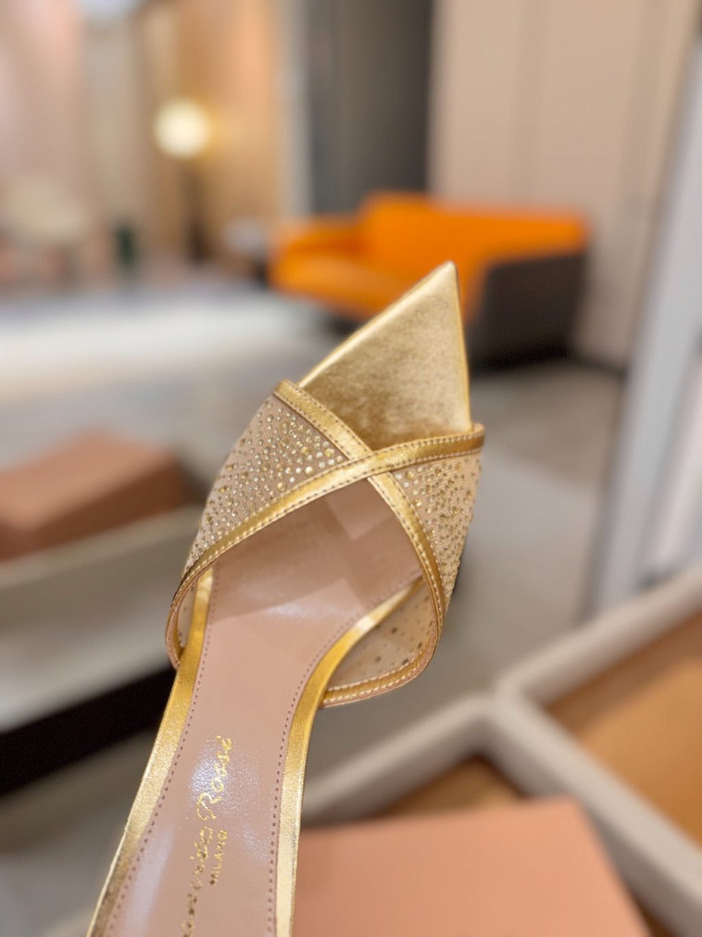 GIANVITO ROSSI 26S POINTED TOE HIGH HEELS 85 MM IN GOLD LAMBSKIN WITH RHINESTONE STRAP