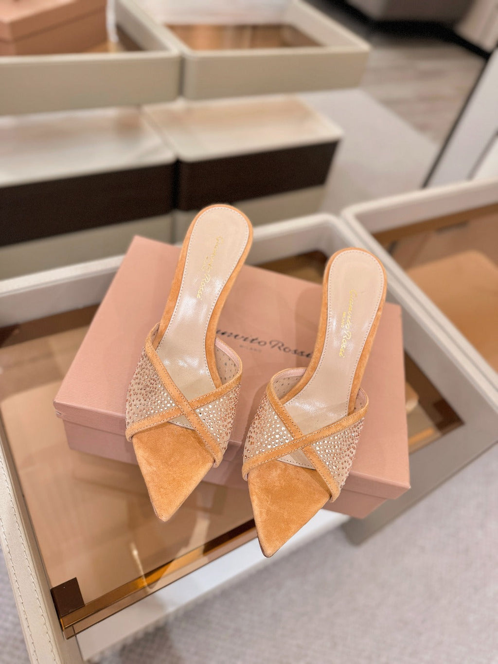 GIANVITO ROSSI 26S POINTED TOE HIGH HEELS 85 MM IN LIGHT ORANGE SUEDE WITH RHINESTONE STRAP