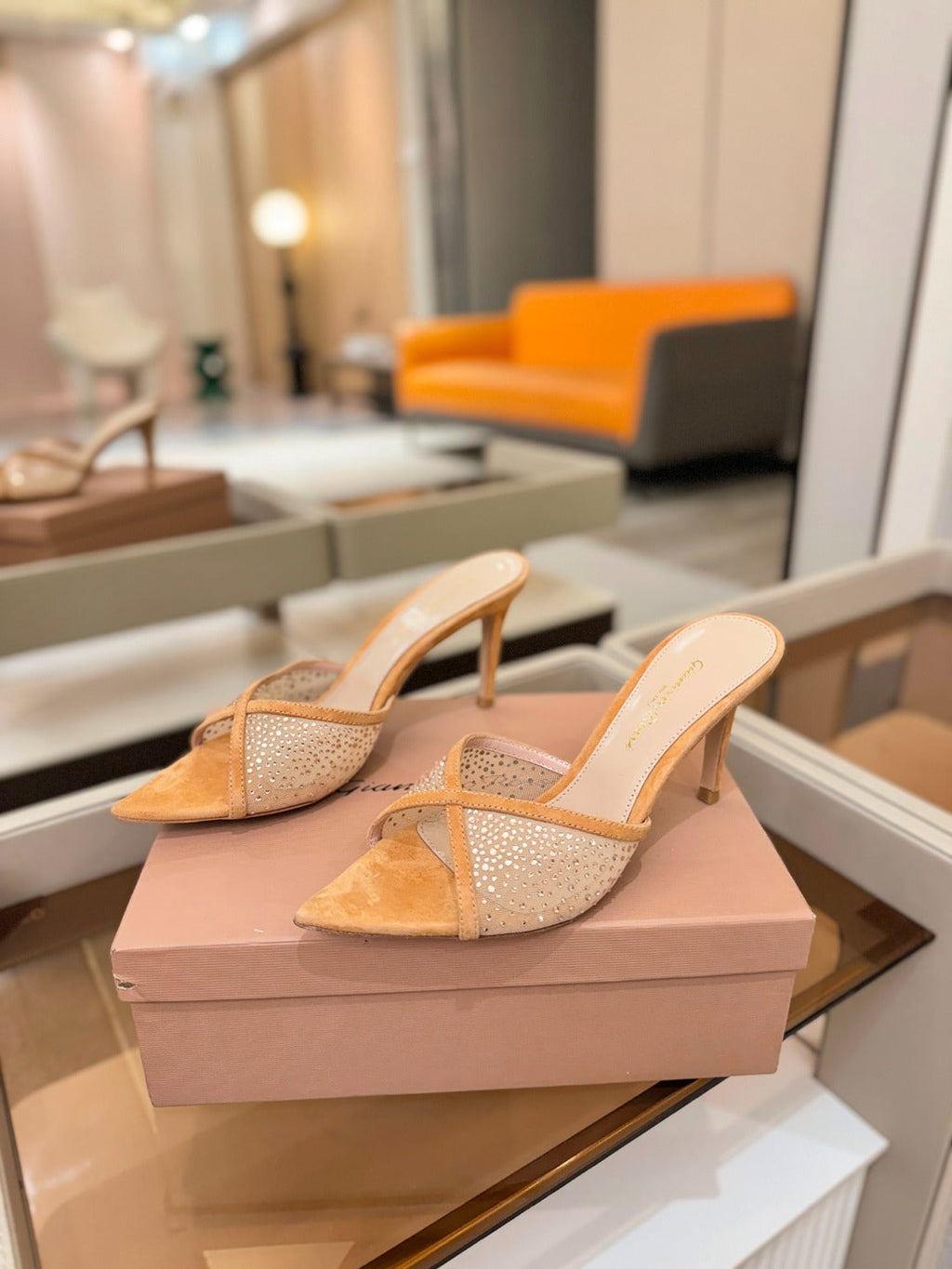 GIANVITO ROSSI 26S POINTED TOE HIGH HEELS 85 MM IN LIGHT ORANGE SUEDE WITH RHINESTONE STRAP