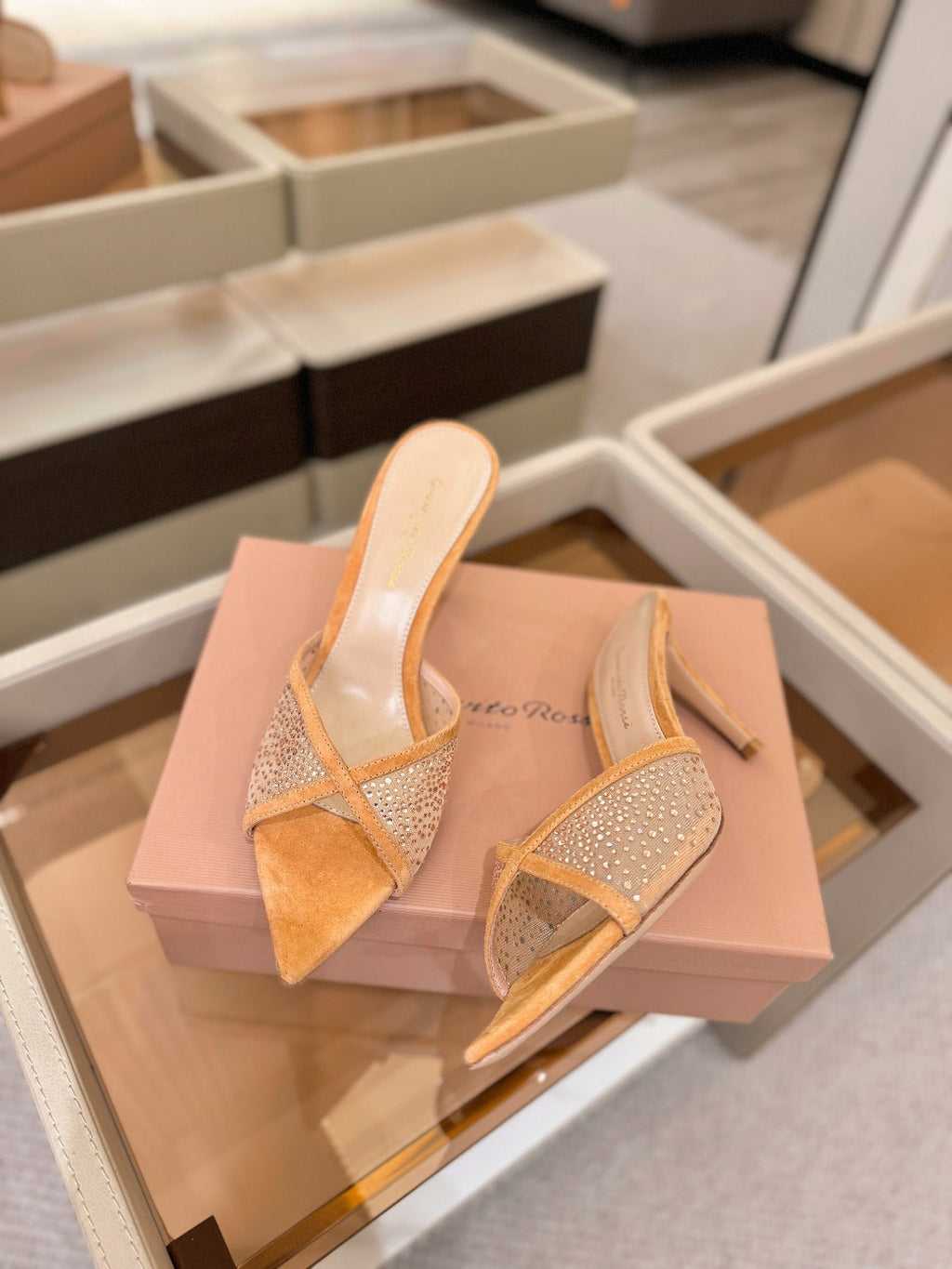 GIANVITO ROSSI 26S POINTED TOE HIGH HEELS 85 MM IN LIGHT ORANGE SUEDE WITH RHINESTONE STRAP