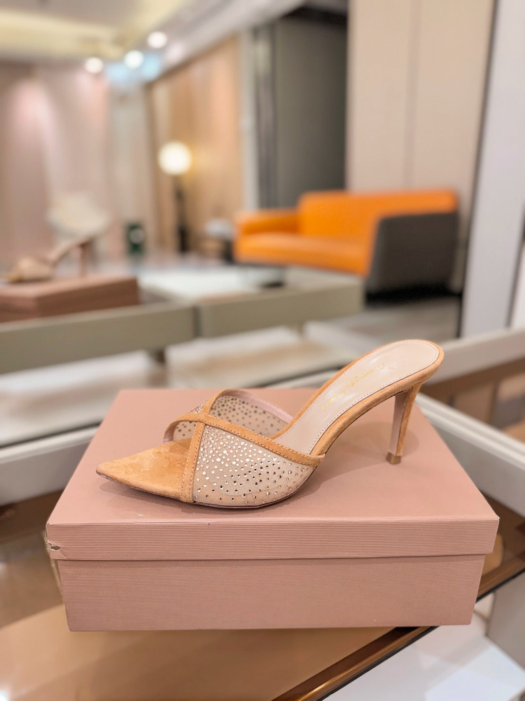 GIANVITO ROSSI 26S POINTED TOE HIGH HEELS 85 MM IN LIGHT ORANGE SUEDE WITH RHINESTONE STRAP