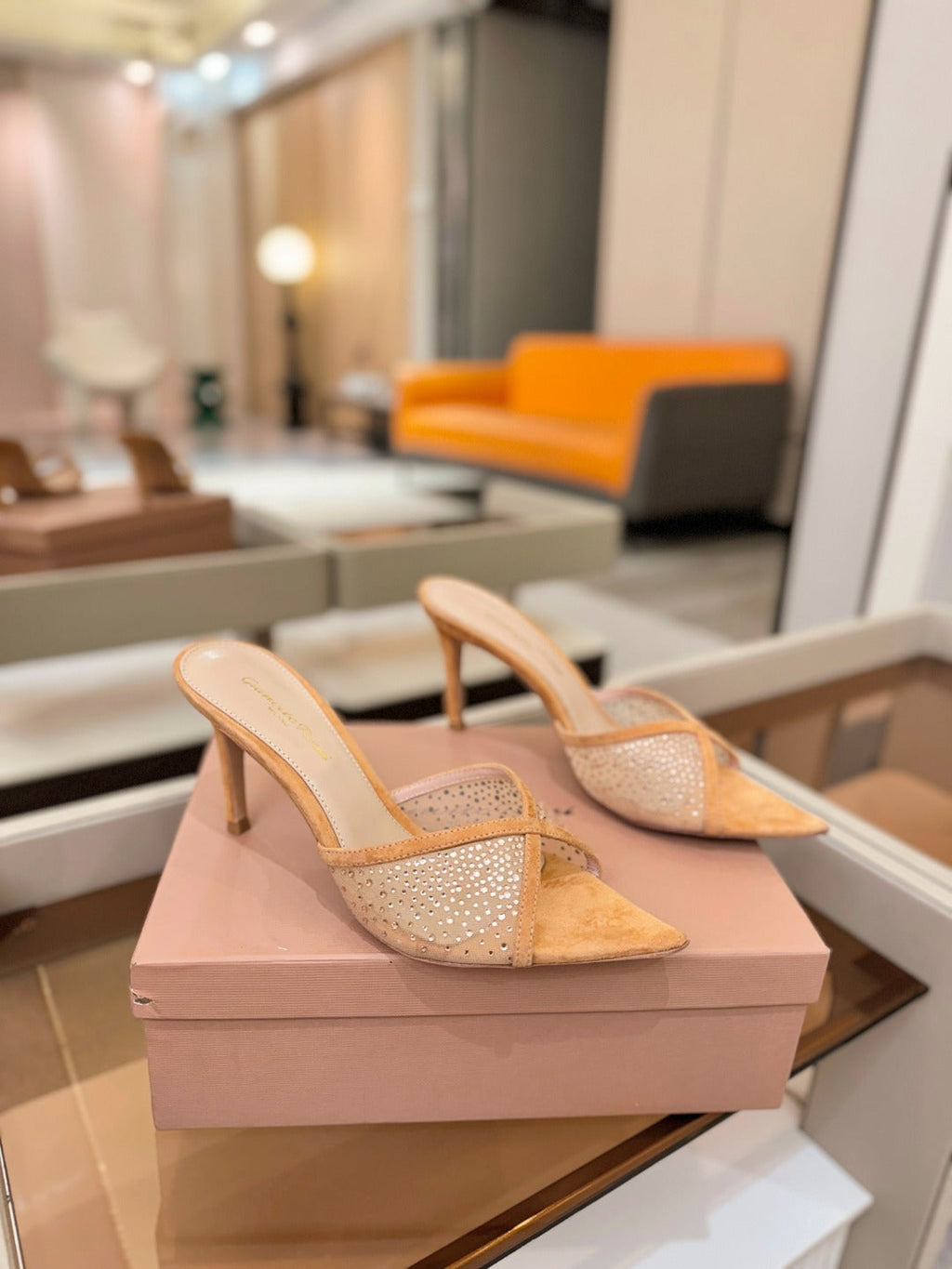 GIANVITO ROSSI 26S POINTED TOE HIGH HEELS 85 MM IN LIGHT ORANGE SUEDE WITH RHINESTONE STRAP