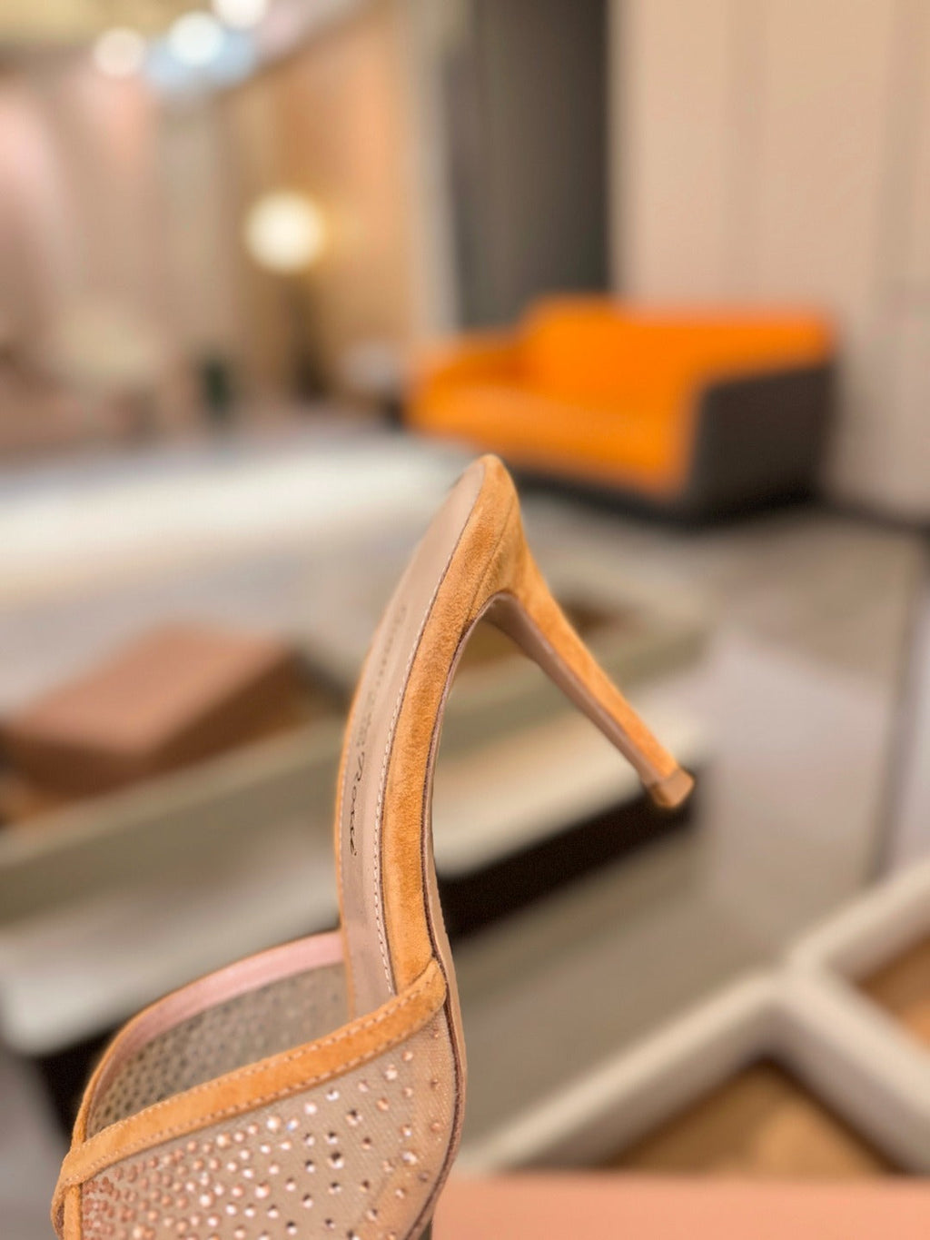 GIANVITO ROSSI 26S POINTED TOE HIGH HEELS 85 MM IN LIGHT ORANGE SUEDE WITH RHINESTONE STRAP