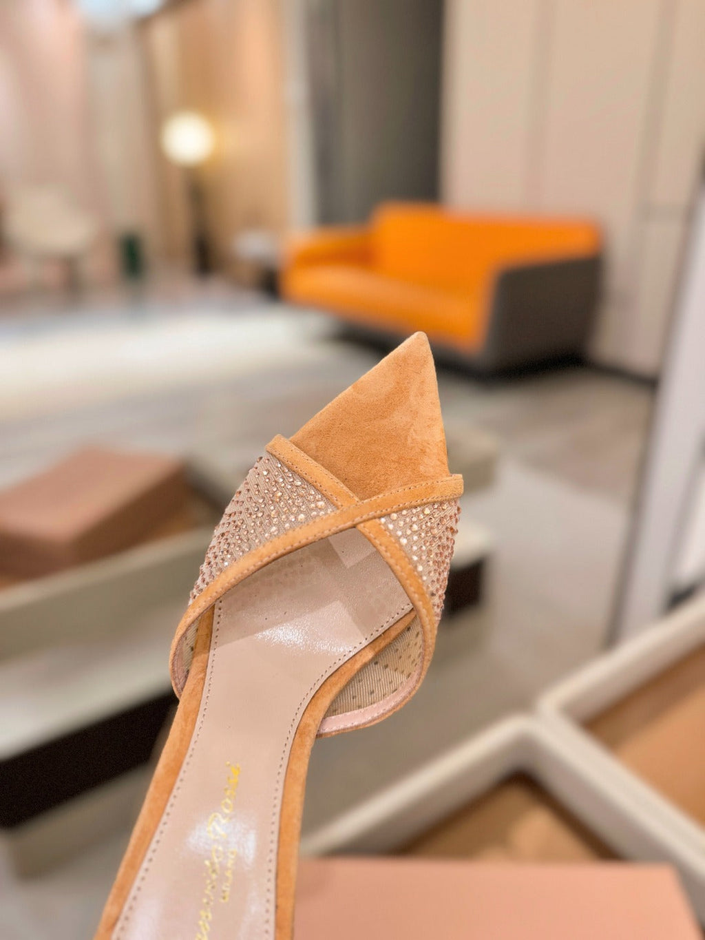 GIANVITO ROSSI 26S POINTED TOE HIGH HEELS 85 MM IN LIGHT ORANGE SUEDE WITH RHINESTONE STRAP