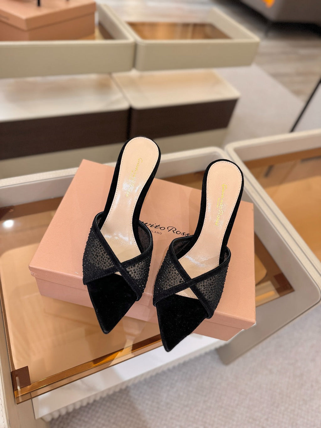 GIANVITO ROSSI 26S POINTED TOE HIGH HEELS 85 MM IN BLACK SUEDE WITH RHINESTONE STRAP