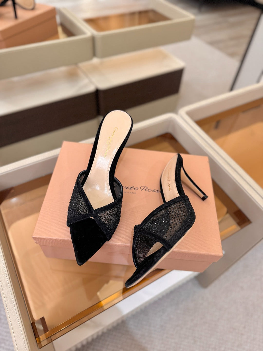 GIANVITO ROSSI 26S POINTED TOE HIGH HEELS 85 MM IN BLACK SUEDE WITH RHINESTONE STRAP