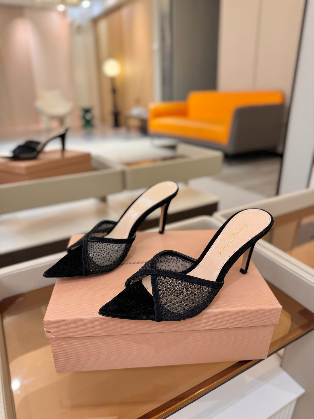 GIANVITO ROSSI 26S POINTED TOE HIGH HEELS 85 MM IN BLACK SUEDE WITH RHINESTONE STRAP