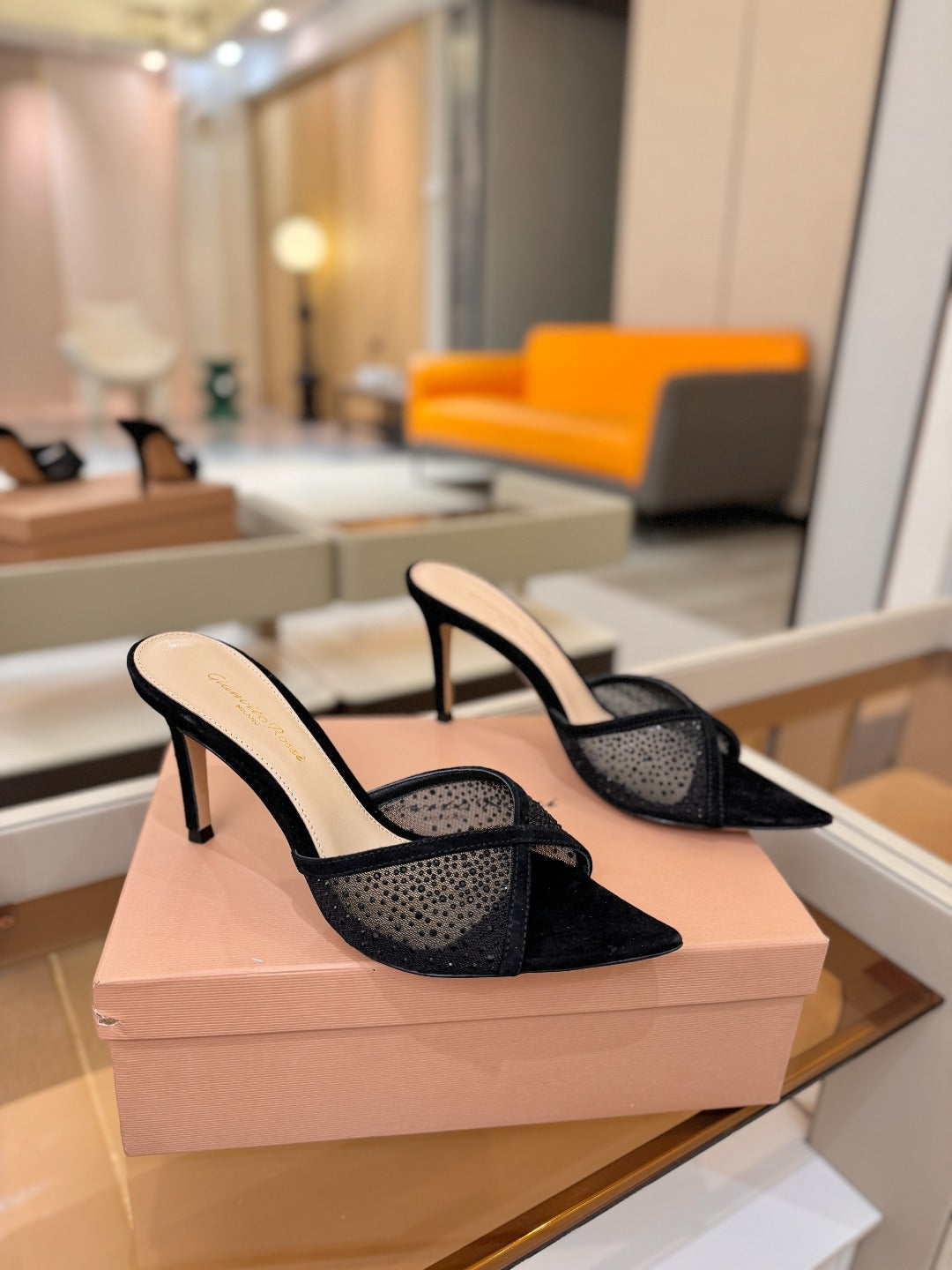 GIANVITO ROSSI 26S POINTED TOE HIGH HEELS 85 MM IN BLACK SUEDE WITH RHINESTONE STRAP