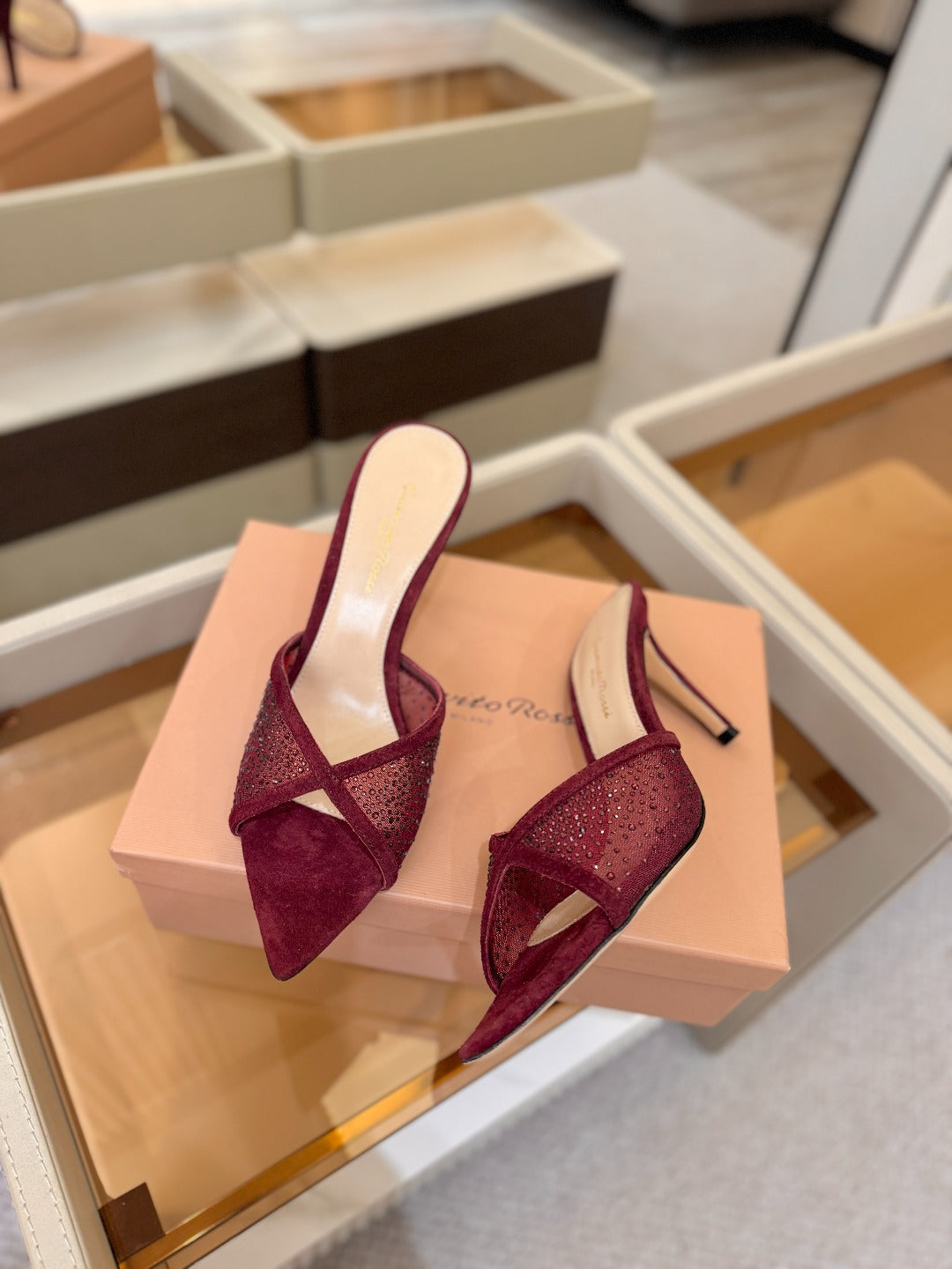 GIANVITO ROSSI 26S POINTED TOE HIGH HEELS 85 MM IN DARK RED SUEDE WITH RHINESTONE STRAP